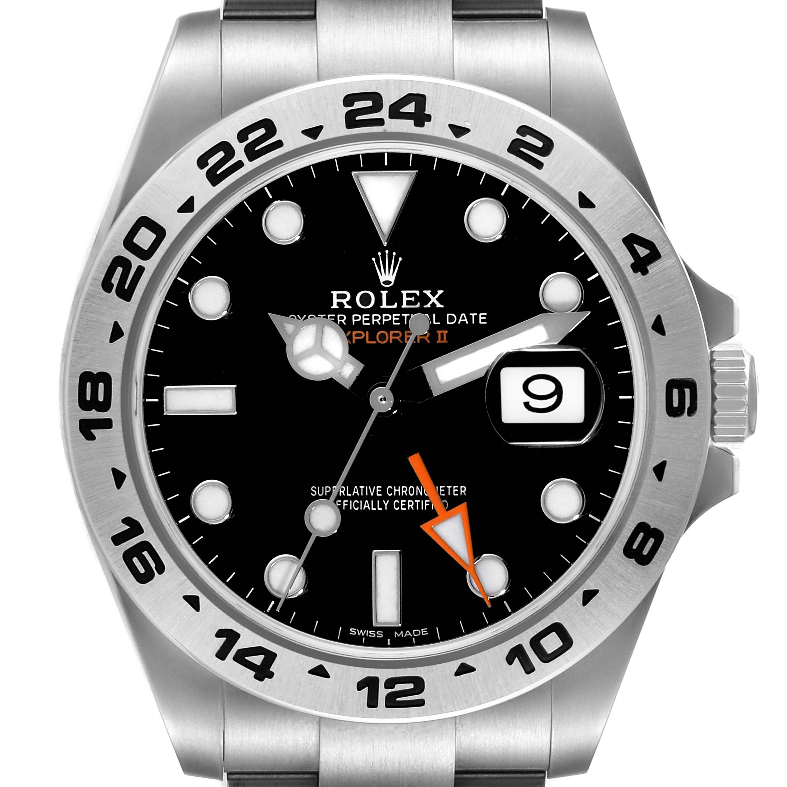 This image shows a front angle view of the Rolex Explorer 216570 Men
s Stainless Steel Black Dial 216570 Men
s Stainless Steel Black Dial model, displaying the watch face, bezel, and part of the bracelet.