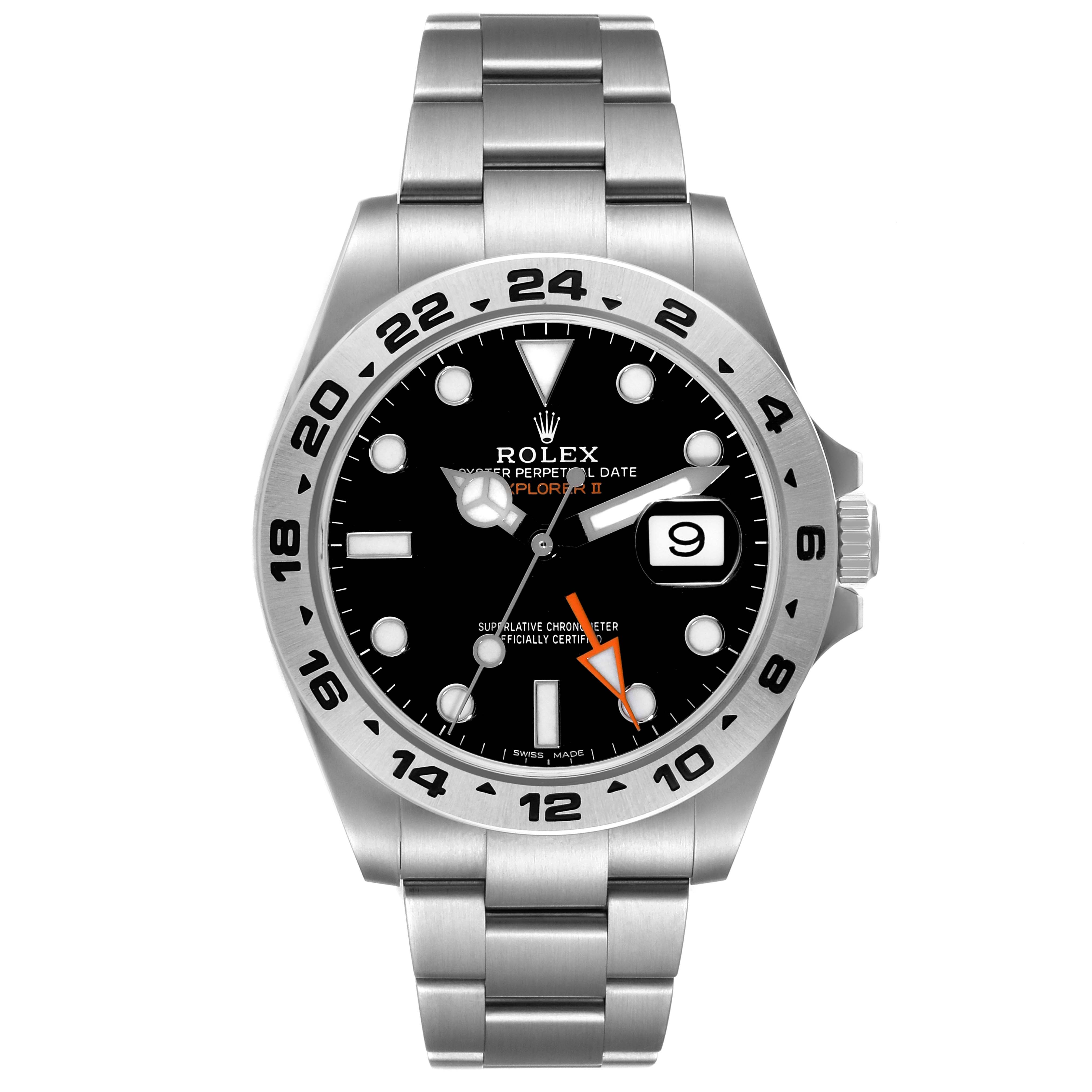 The image shows a front view of a Rolex Explorer 216570 Men
s Stainless Steel Black Dial 216570 Men
s Stainless Steel Black Dial watch, highlighting the dial, hands, date window, and bracelet.