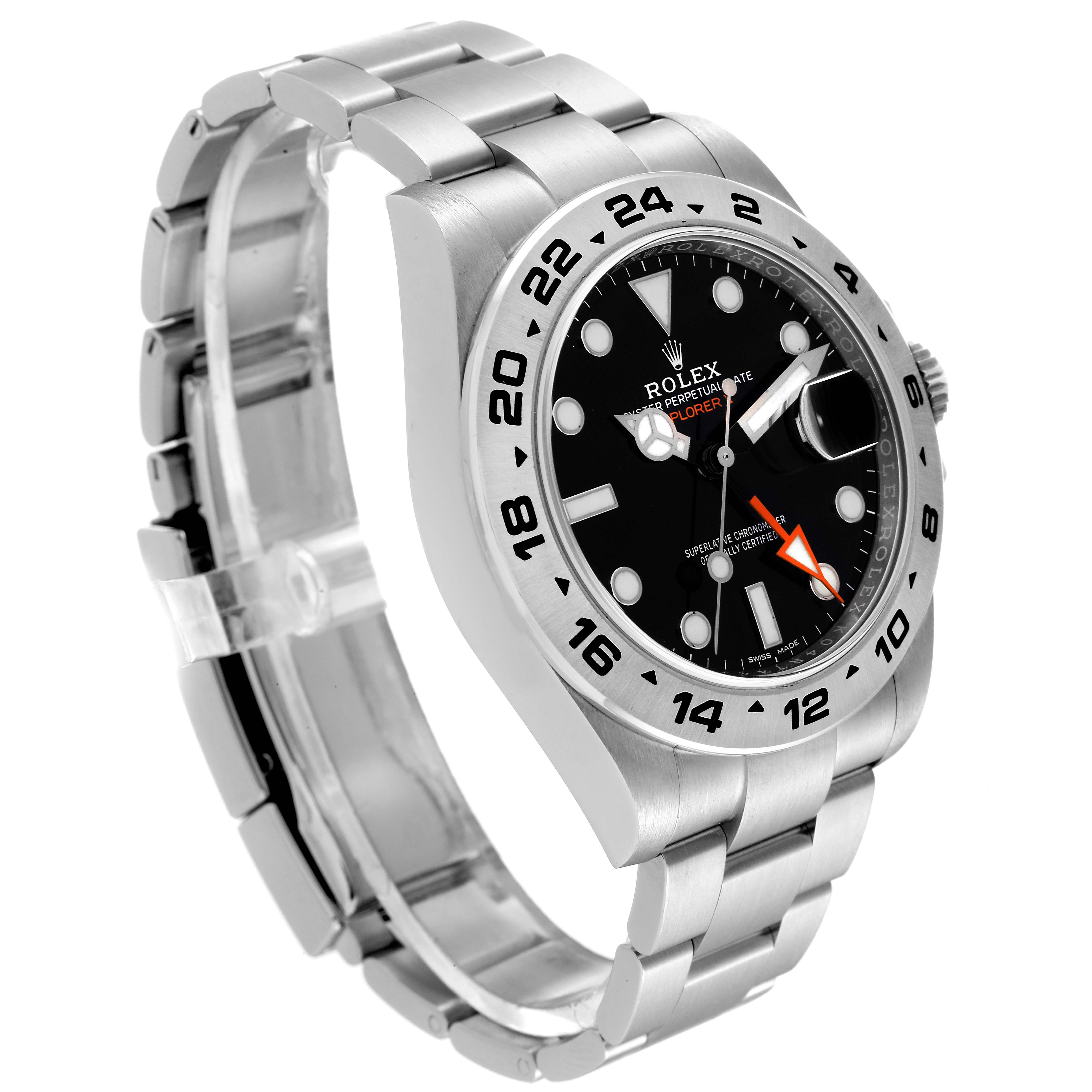 The image shows a side angle of a Rolex Explorer 216570 Men
s Stainless Steel Black Dial 216570 Men
s Stainless Steel Black Dial watch, highlighting the case, bezel, dial, and bracelet.