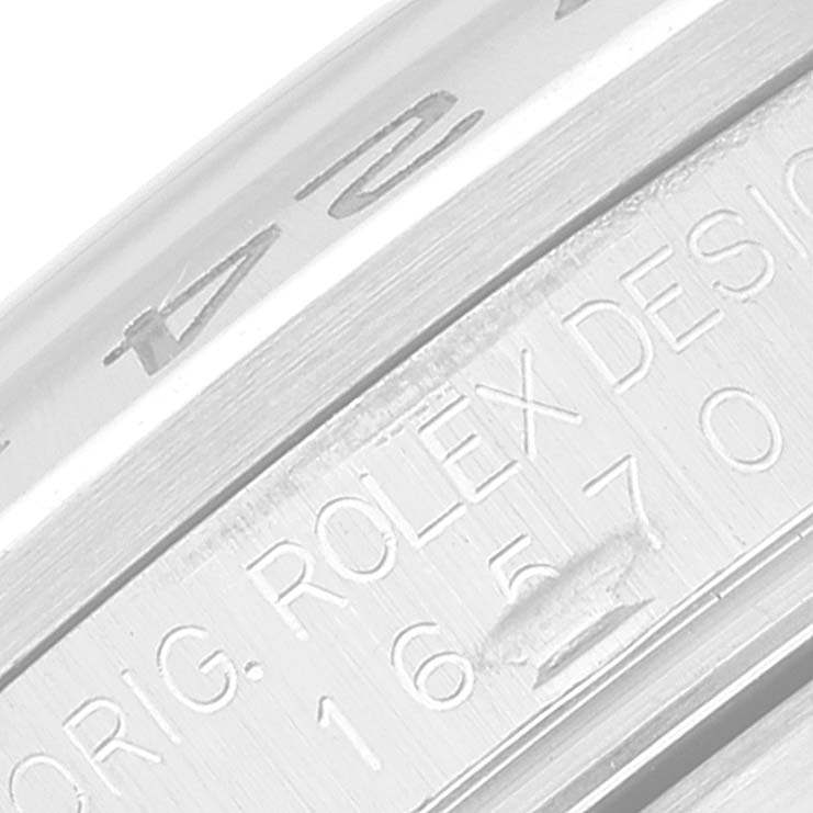 The image shows a close-up of the engraved model number on the side of a Rolex Explorer 16570 Men
s Stainless Steel Black Dial 16570 Men
s Stainless Steel Black Dial watch.