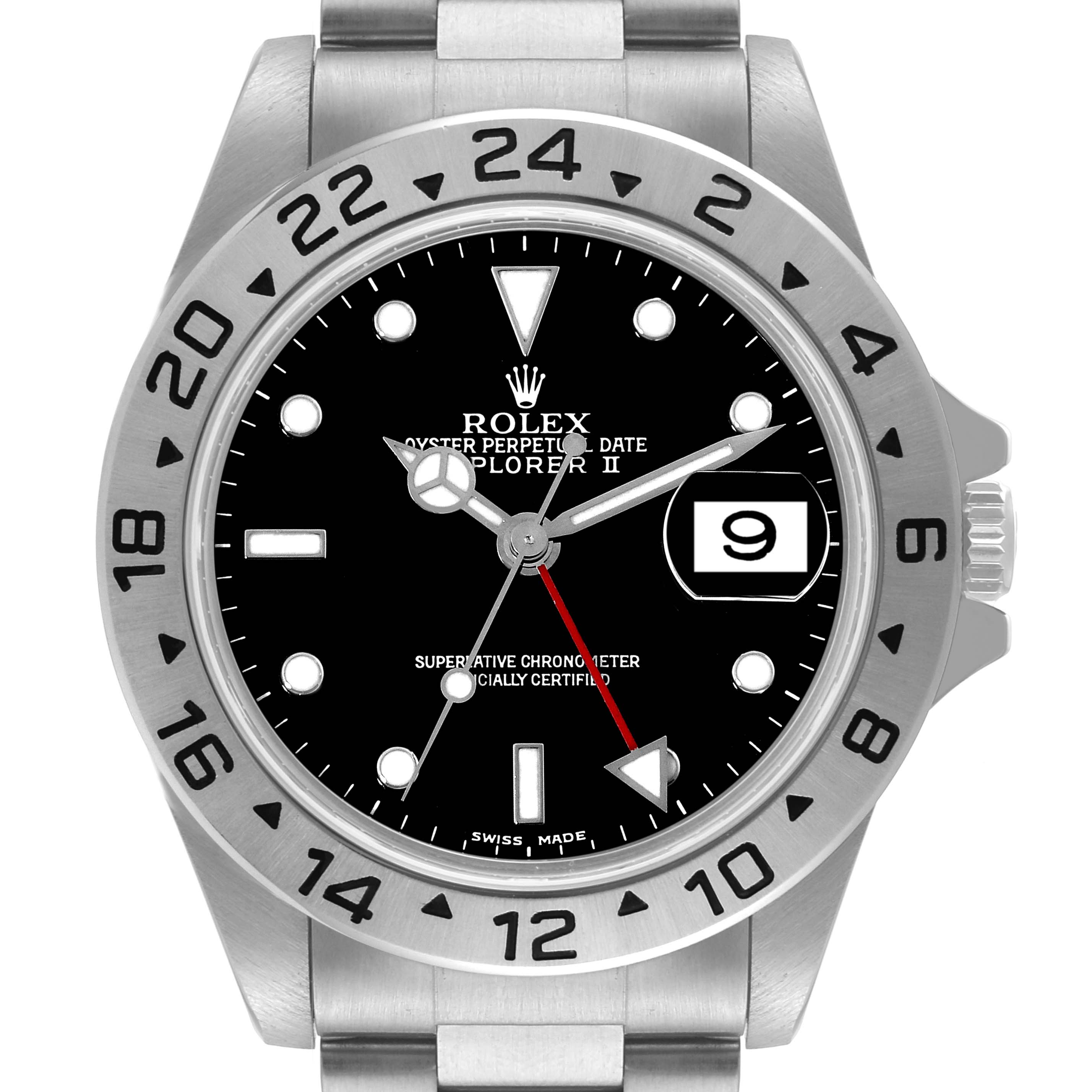 The image shows a front view of the Rolex Explorer 16570 Men
s Stainless Steel Black Dial 16570 Men
s Stainless Steel Black Dial watch, highlighting its black dial, date window, and 24-hour bezel.