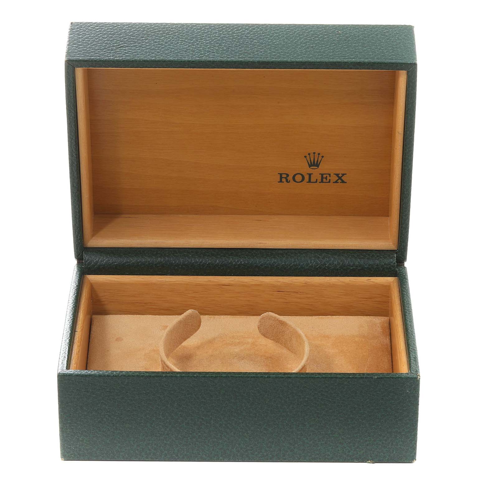 This image shows an empty Rolex Explorer 16570 Men
s Stainless Steel Black Dial 16570 Men
s Stainless Steel Black Dial watch box, open to display the interior.