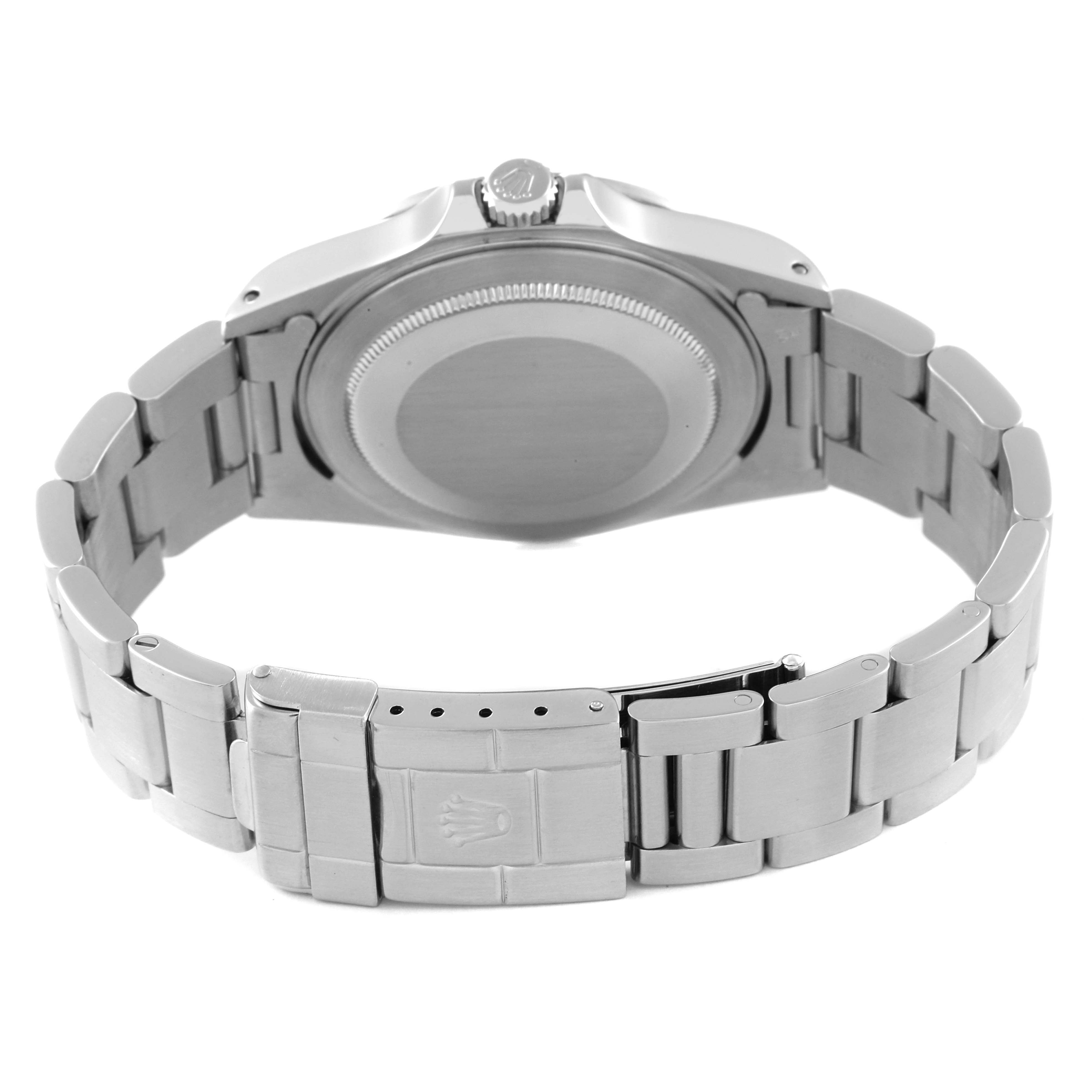 This image shows the back case and bracelet clasp of a Rolex Explorer 16570 Men
s Stainless Steel Black Dial 16570 Men
s Stainless Steel Black Dial watch, viewed from the rear angle.