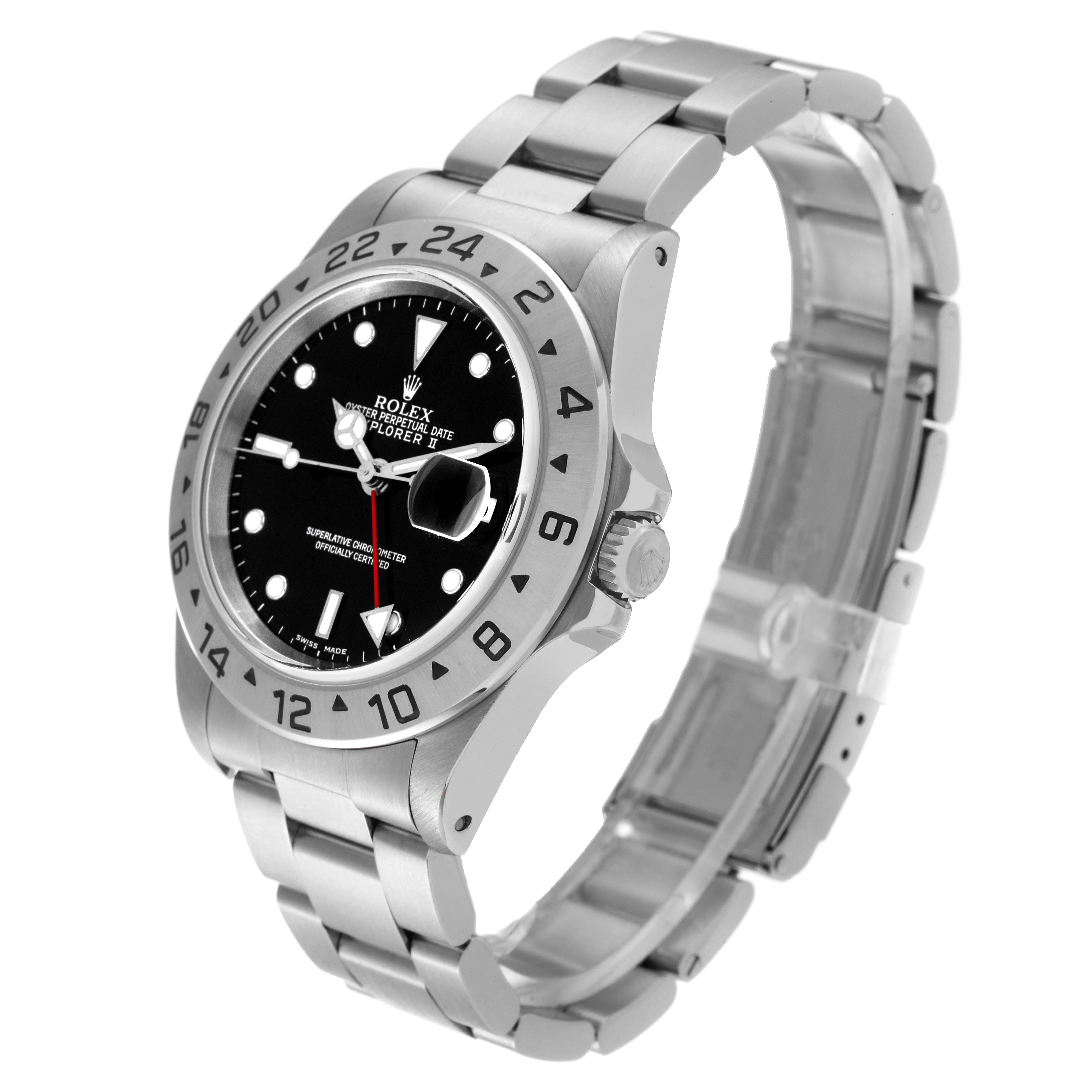 The image shows a Rolex Explorer 16570 Men
s Stainless Steel Black Dial 16570 Men
s Stainless Steel Black Dial watch at an angle displaying the dial, bezel, crown, and bracelet.