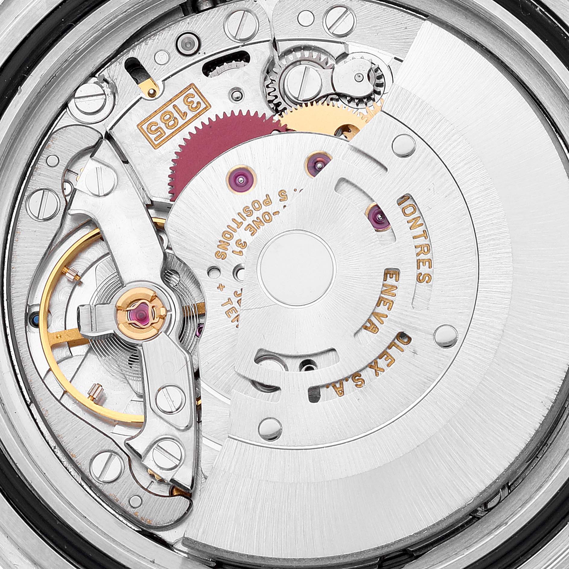 This is a close-up view of the internal mechanism of a Rolex Explorer 16570 Men
s Stainless Steel Black Dial 16570 Men
s Stainless Steel Black Dial watch, showcasing its intricate movement components.