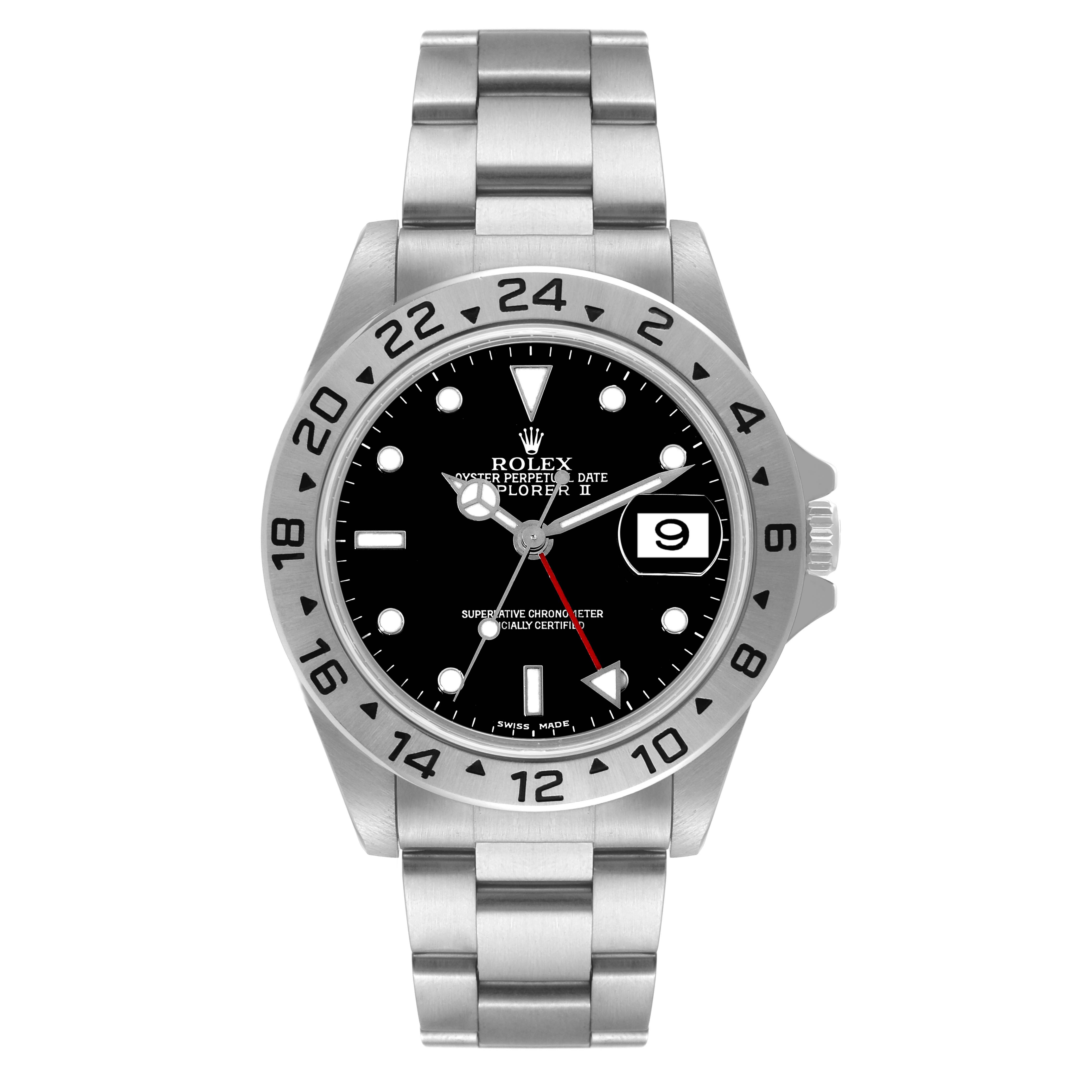 The image shows a Rolex Explorer 16570 Men
s Stainless Steel Black Dial 16570 Men
s Stainless Steel Black Dial watch, including the face, bezel, and bracelet, viewed from the front.