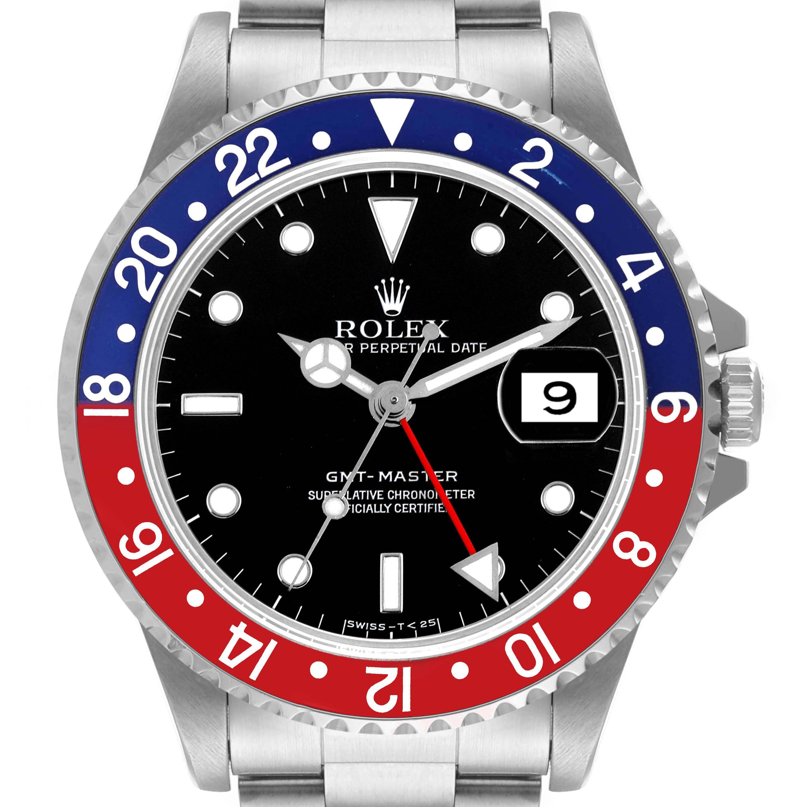 This image shows a front view of a Rolex GMT-Master 16700 Men
s Stainless Steel Black Dial 16700 Men
s Stainless Steel Black Dial watch, highlighting its face, bezel, and part of the bracelet.