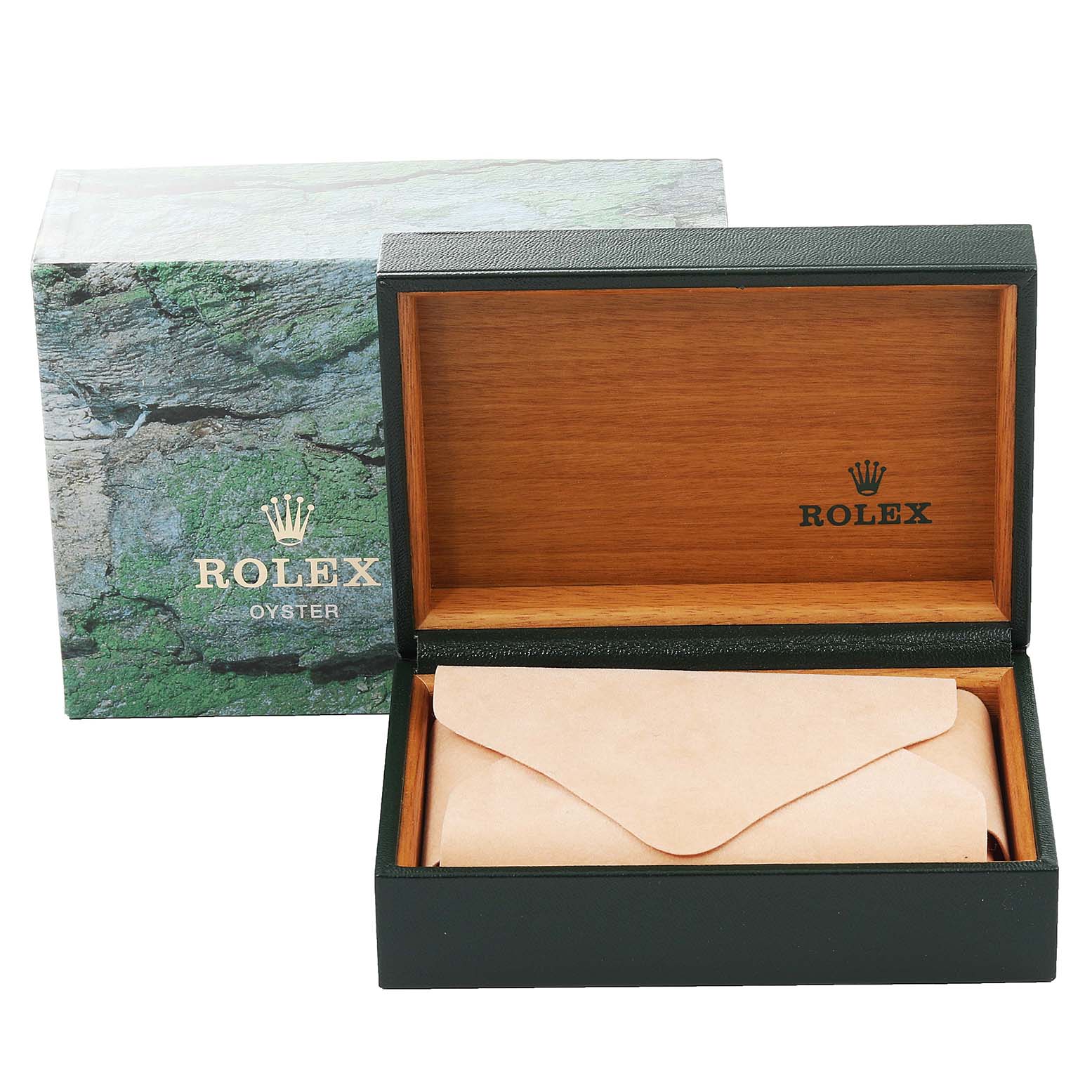 The image shows an open Rolex box with a wooden interior and a paper envelope inside, with the outer green box in the background.