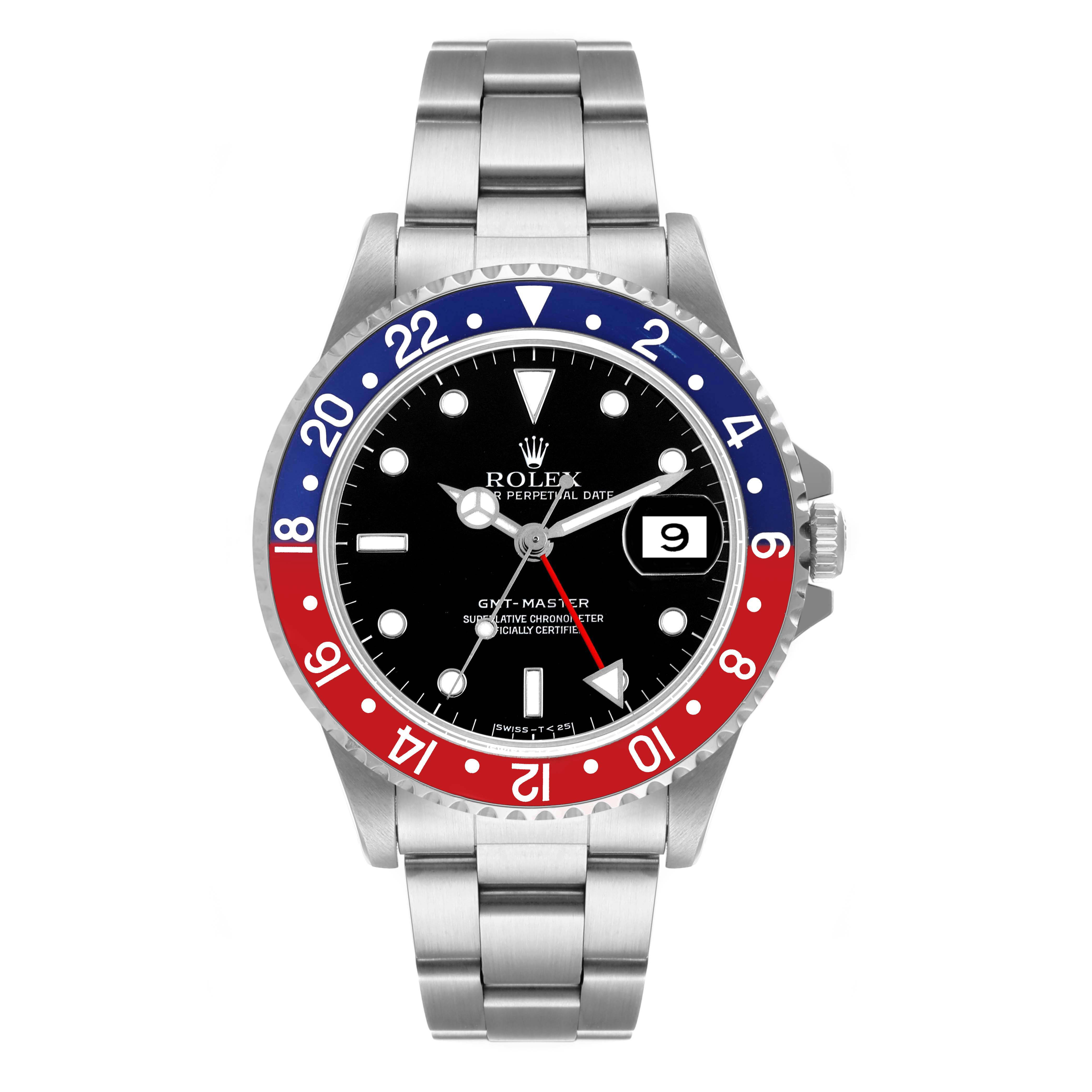 The image shows a front view of a Rolex GMT-Master 16700 Men
s Stainless Steel Black Dial 16700 Men
s Stainless Steel Black Dial watch, highlighting its red and blue bezel, black dial, and stainless steel bracelet.