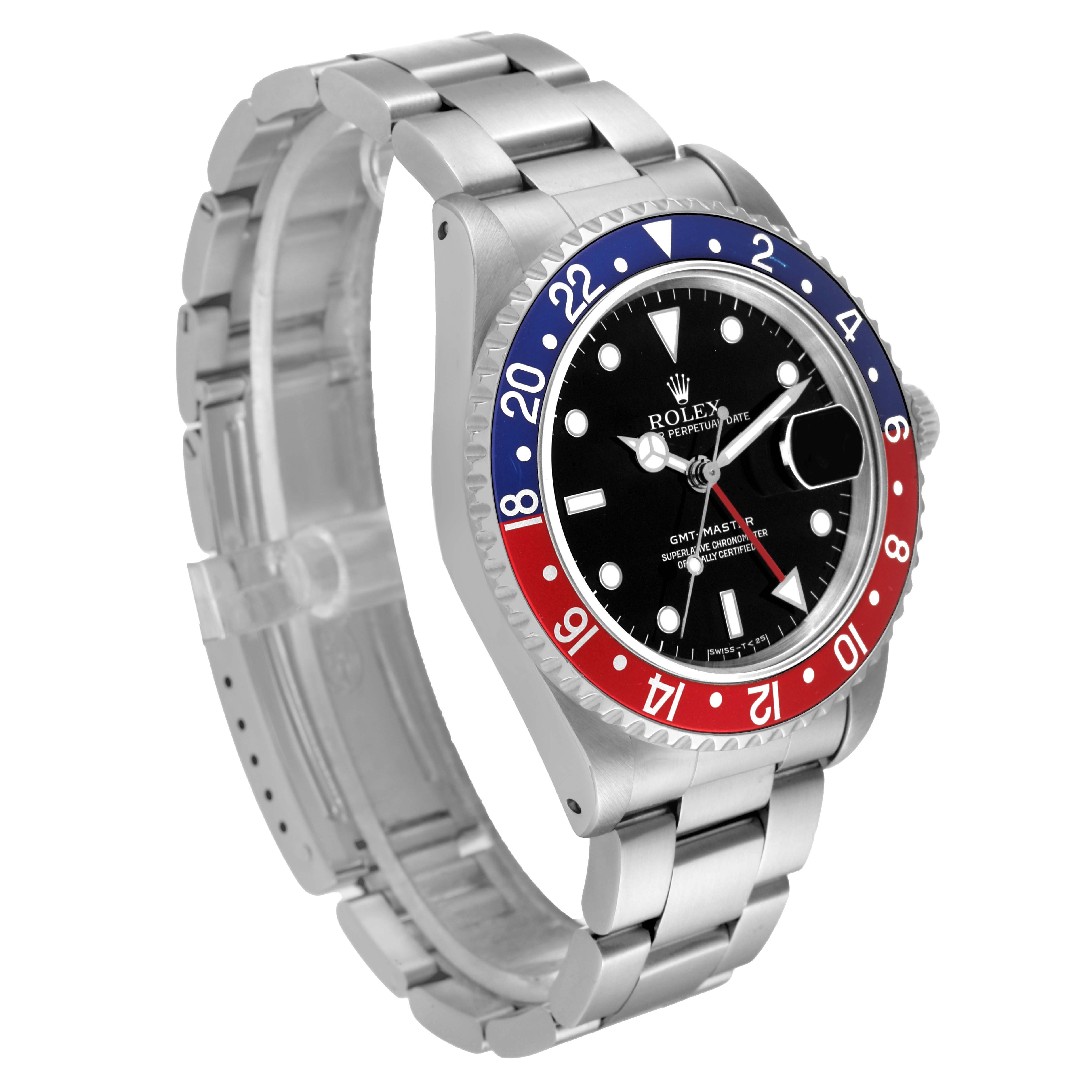 The Rolex GMT-Master 16700 Men
s Stainless Steel Black Dial 16700 Men
s Stainless Steel Black Dial watch is shown at an angled front view, displaying its face, bezel, and bracelet.