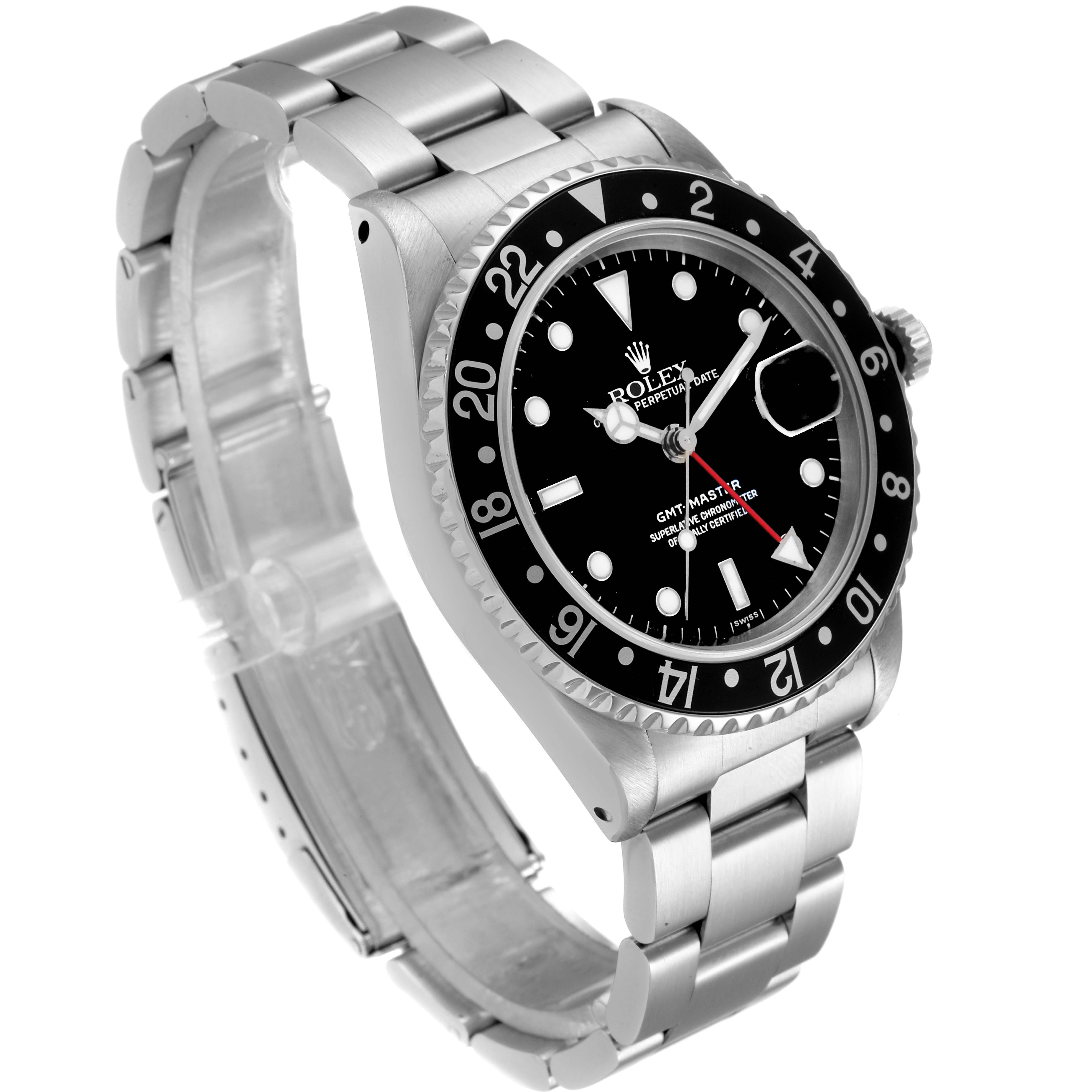 The Rolex GMT-Master 16700 Men
s Stainless Steel Black Dial 16700 Men
s Stainless Steel Black Dial watch is shown at a slight left angle, highlighting the dial, bezel, case, and bracelet.