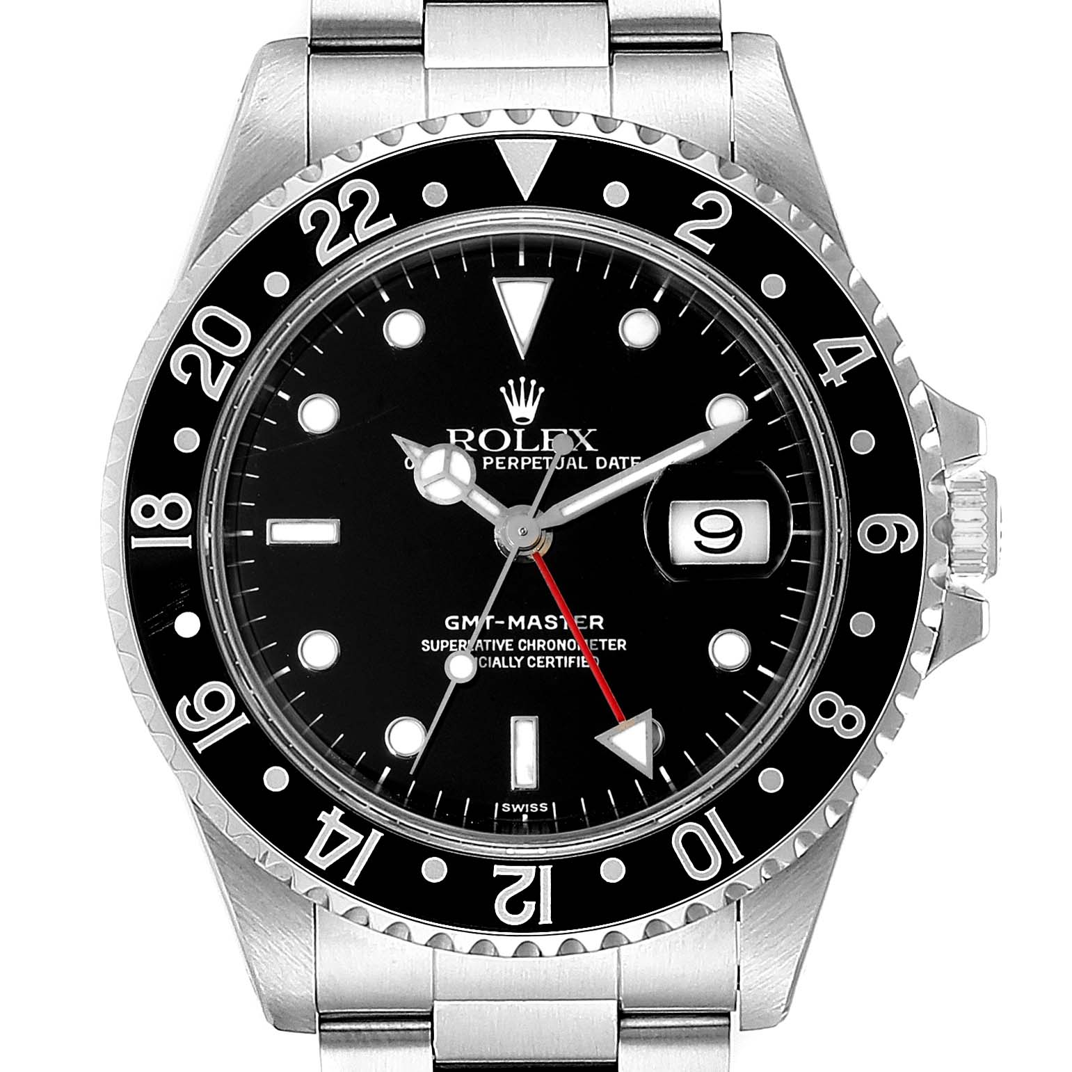 The image shows a front view of the Rolex GMT-Master 16700 Men
s Stainless Steel Black Dial 16700 Men
s Stainless Steel Black Dial watch, featuring its face, bezel, and partial bracelet.