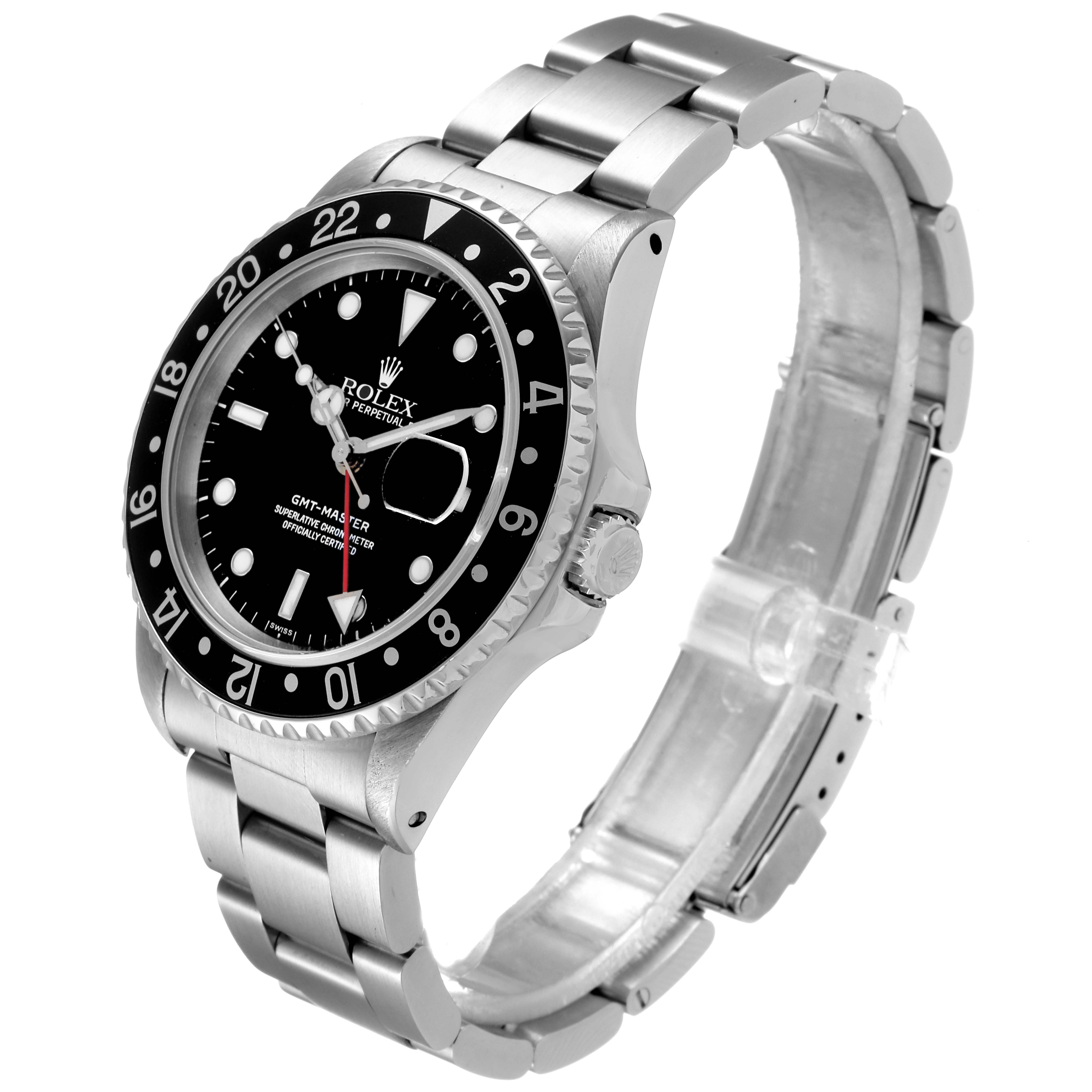 The Rolex GMT-Master 16700 Men
s Stainless Steel Black Dial 16700 Men
s Stainless Steel Black Dial watch is shown at a three-quarter angle highlighting the face, bezel, and bracelet.