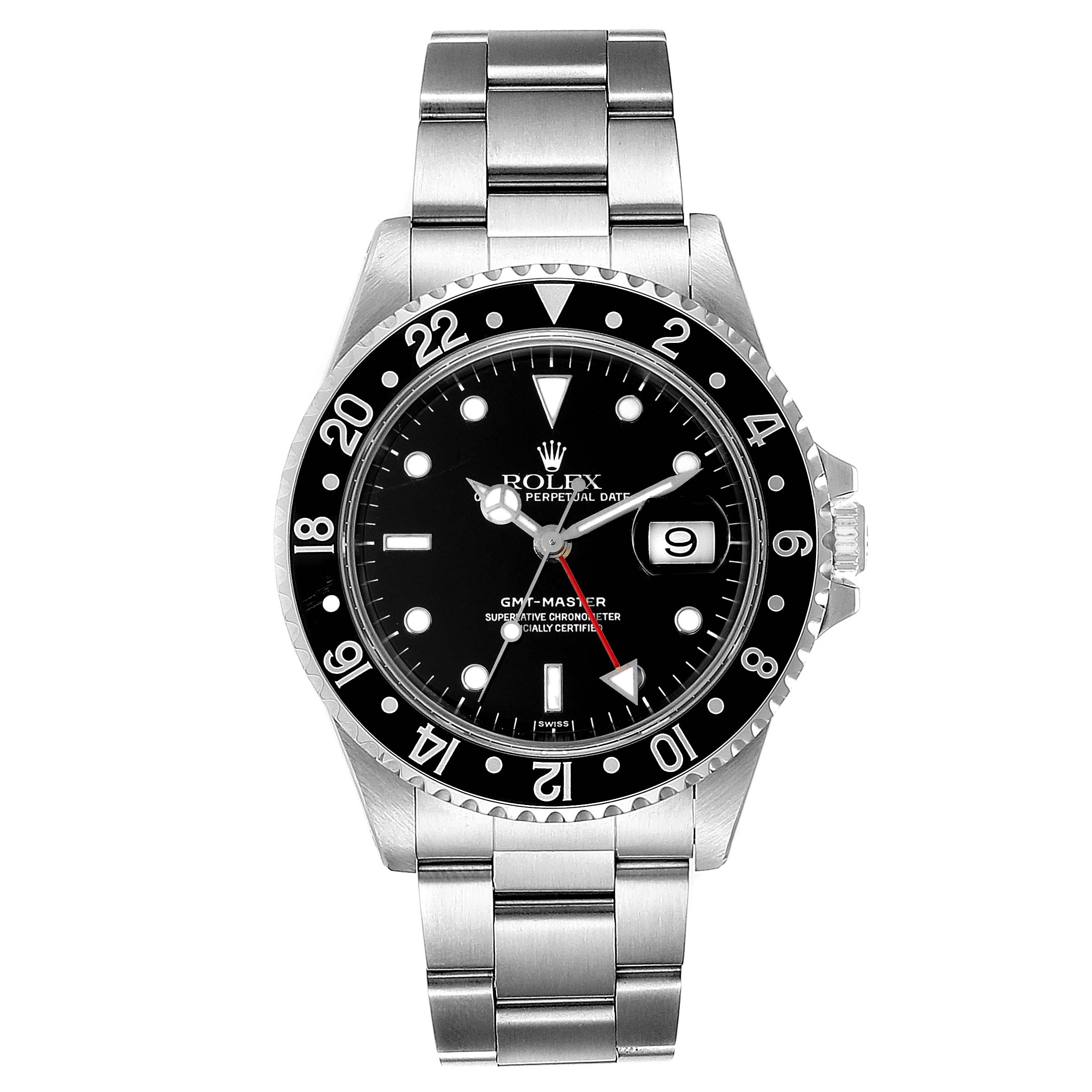 The image shows a front view of a Rolex GMT-Master 16700 Men
s Stainless Steel Black Dial 16700 Men
s Stainless Steel Black Dial watch, highlighting its face, bezel, and bracelet.