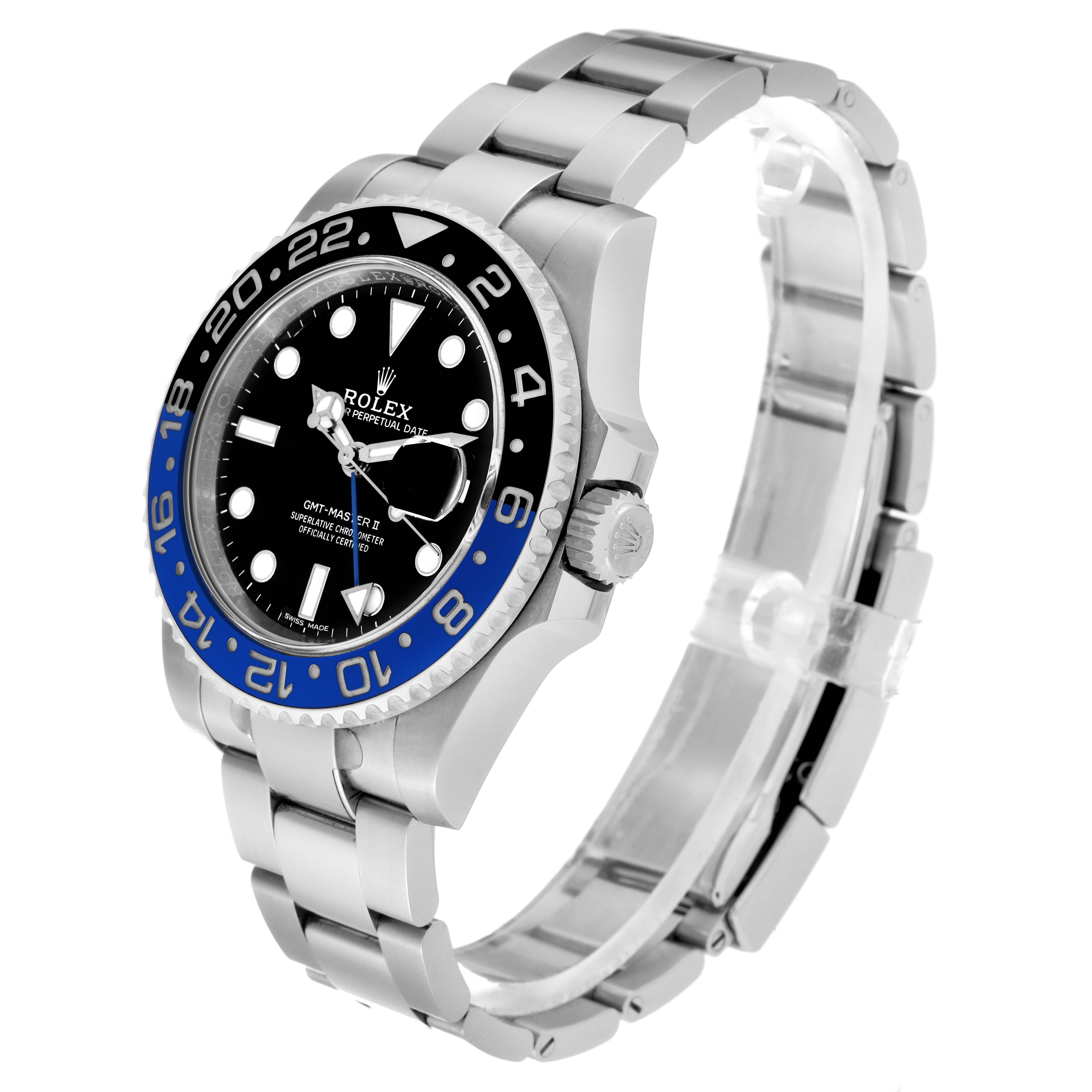 The image shows a side view of the Rolex GMT-Master 116710BLNR Men's Stainless Steel Black Dial 116710BLNR Men's Stainless Steel Black Dial watch, highlighting its bezel, dial, and metal bracelet.