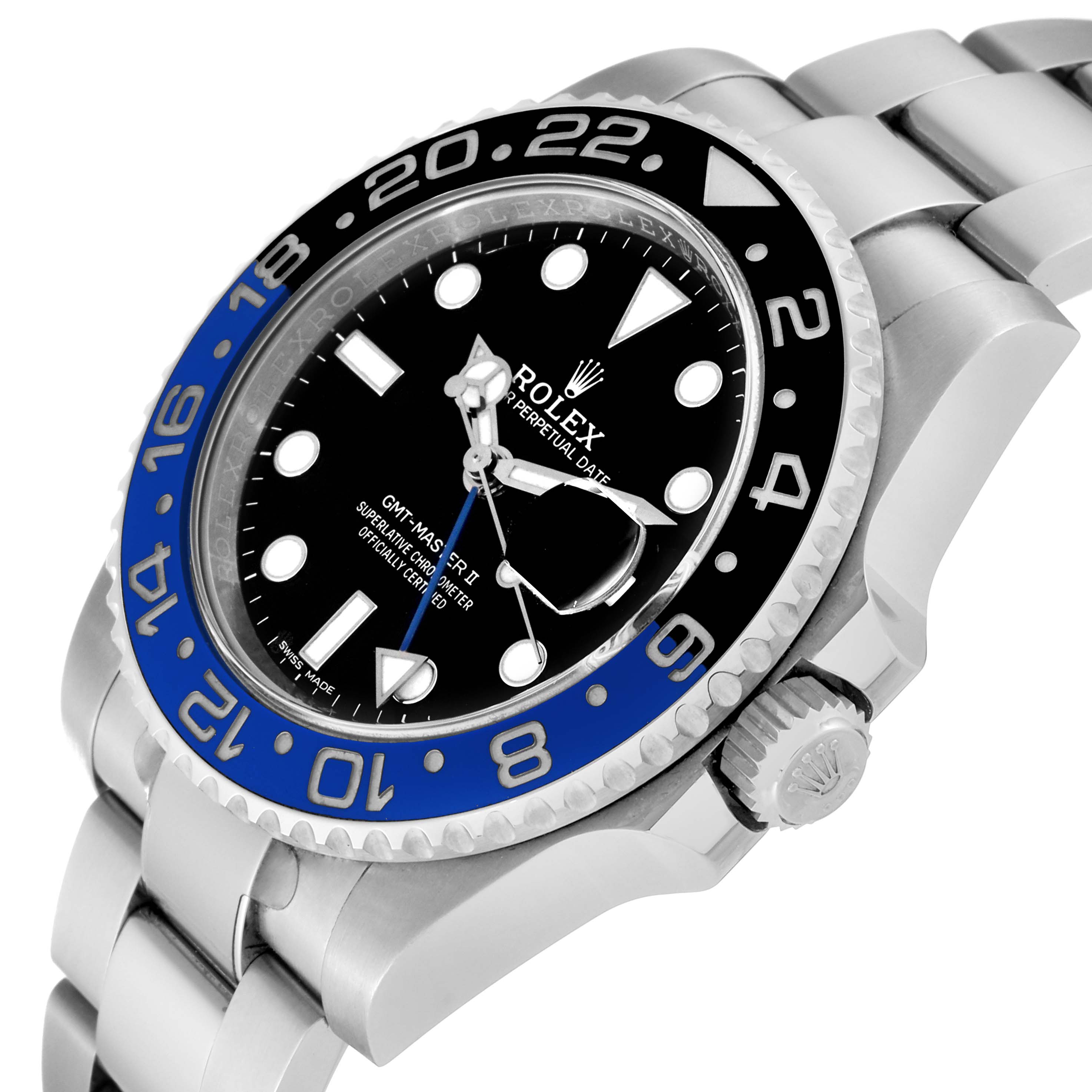 This image shows a side angle of the Rolex GMT-Master 116710BLNR Men's Stainless Steel Black Dial 116710BLNR Men's Stainless Steel Black Dial watch, highlighting its bezel, dial, and bracelet.