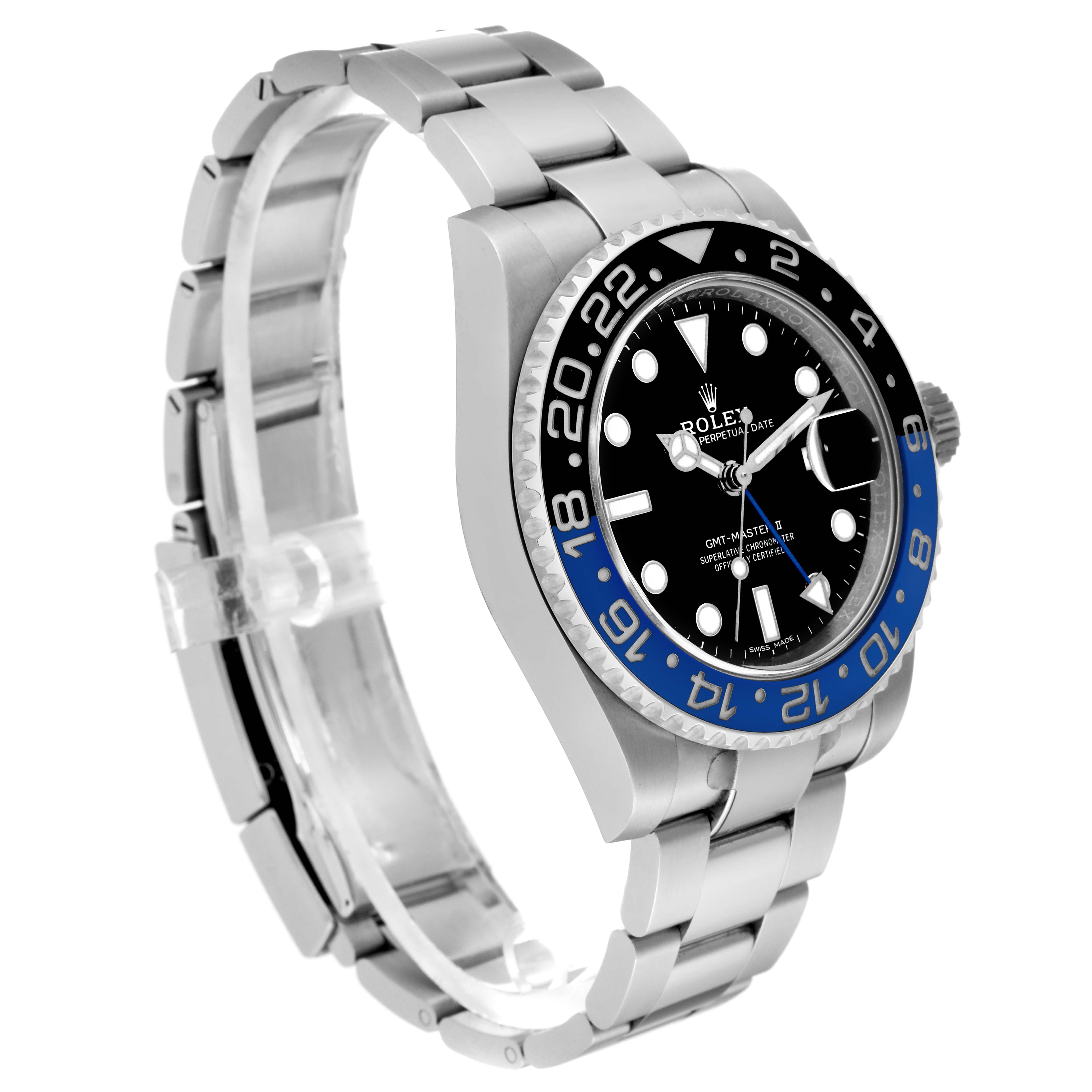 The image shows a Rolex GMT-Master 116710BLNR Men's Stainless Steel Black Dial 116710BLNR Men's Stainless Steel Black Dial watch at an angled side view, highlighting the dial, bezel, and bracelet.