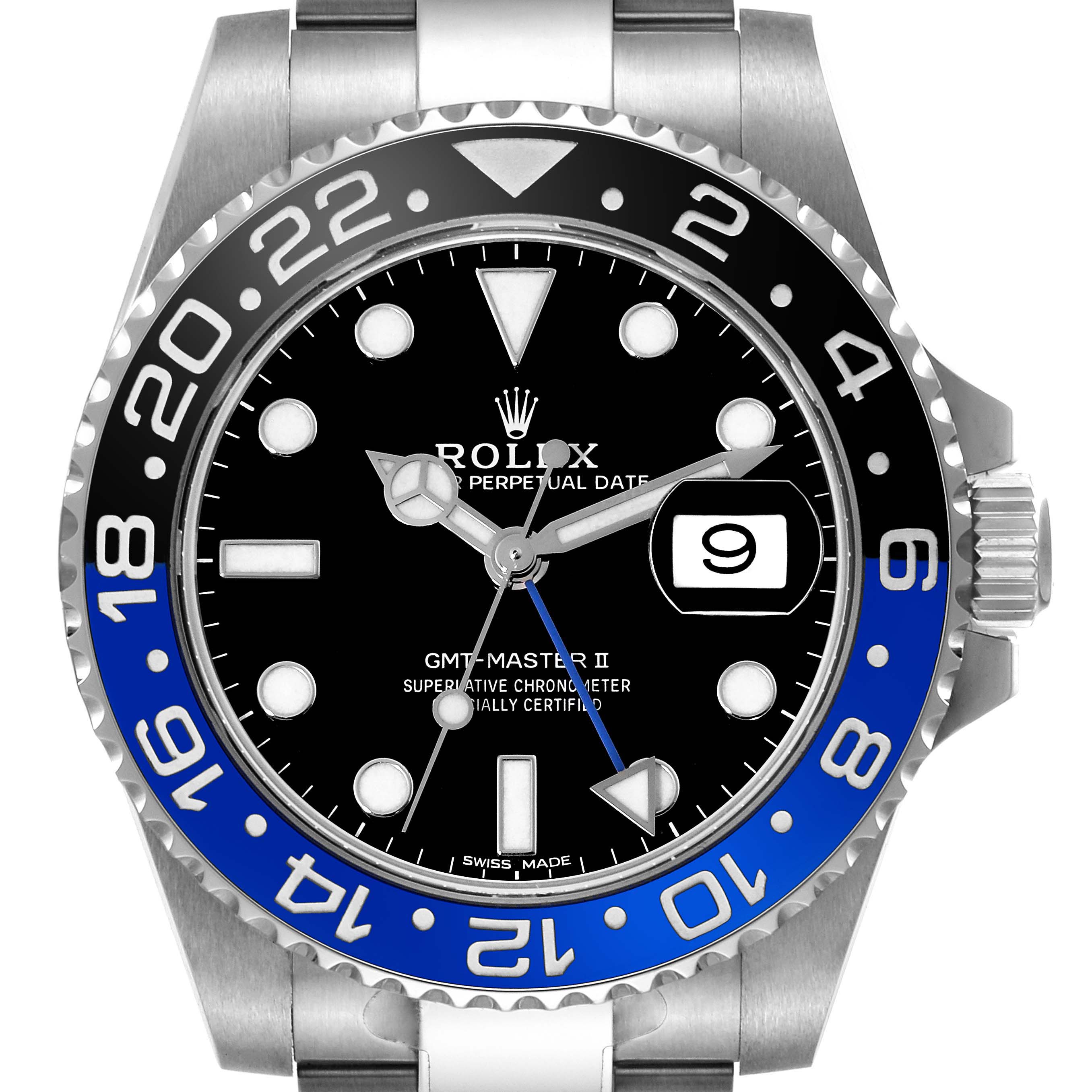The image shows the front view of the Rolex GMT-Master 116710BLNR Men's Stainless Steel Black Dial 116710BLNR Men's Stainless Steel Black Dial II watch, highlighting the dial, bezel, and part of the bracelet.