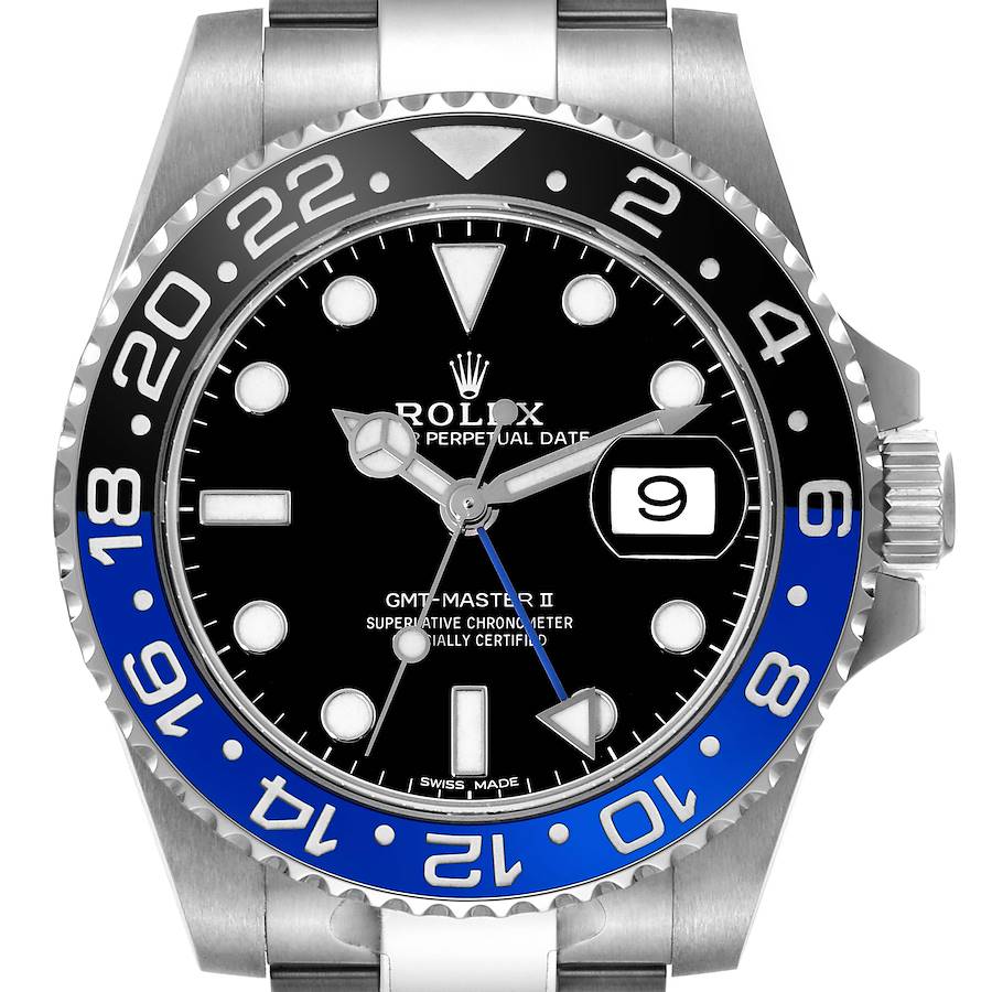 The image shows the front view of the Rolex GMT-Master II watch, highlighting the dial, bezel, and part of the bracelet.