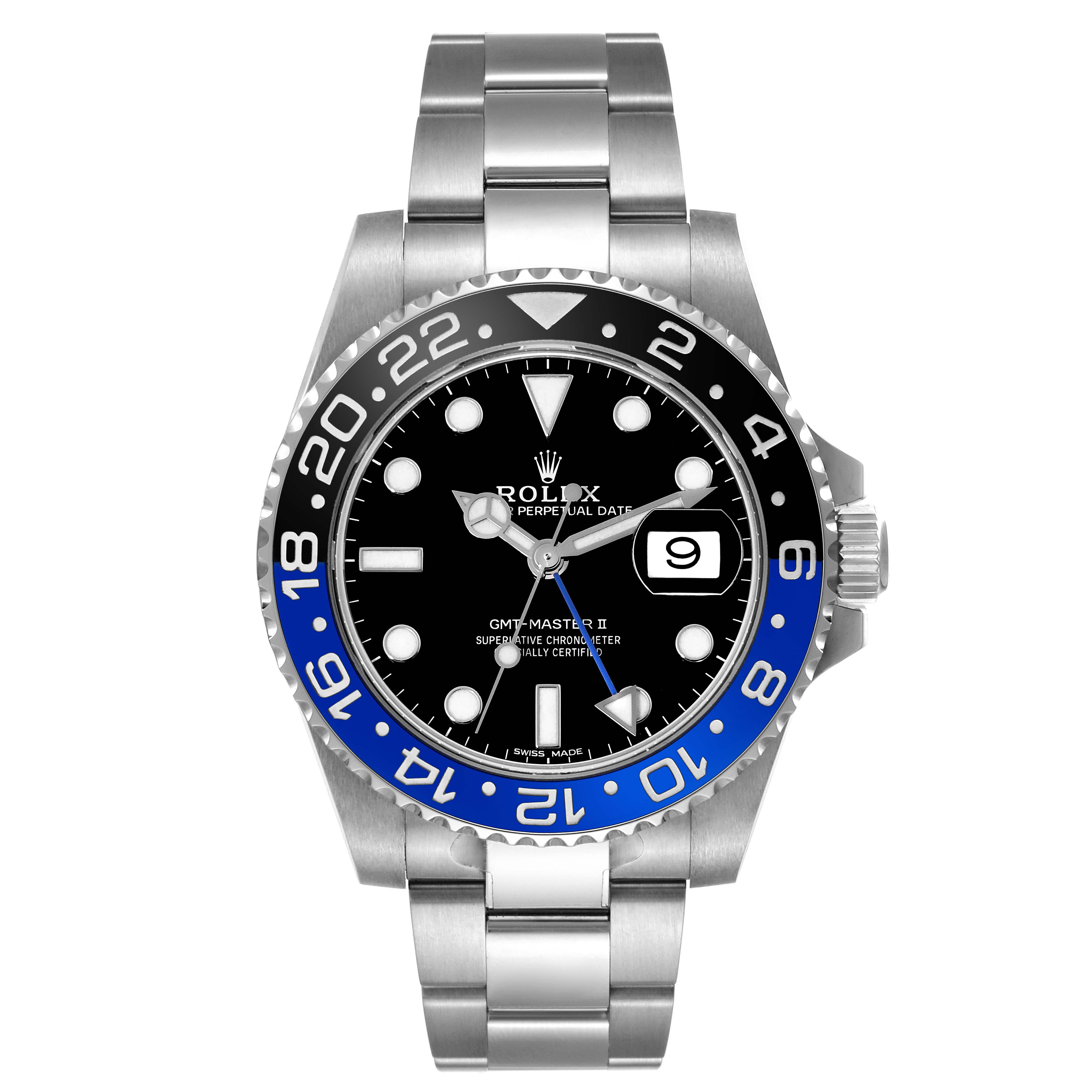 This image shows a front view of a Rolex GMT-Master 116710BLNR Men's Stainless Steel Black Dial 116710BLNR Men's Stainless Steel Black Dial II watch, highlighting the face, bezel, and bracelet.