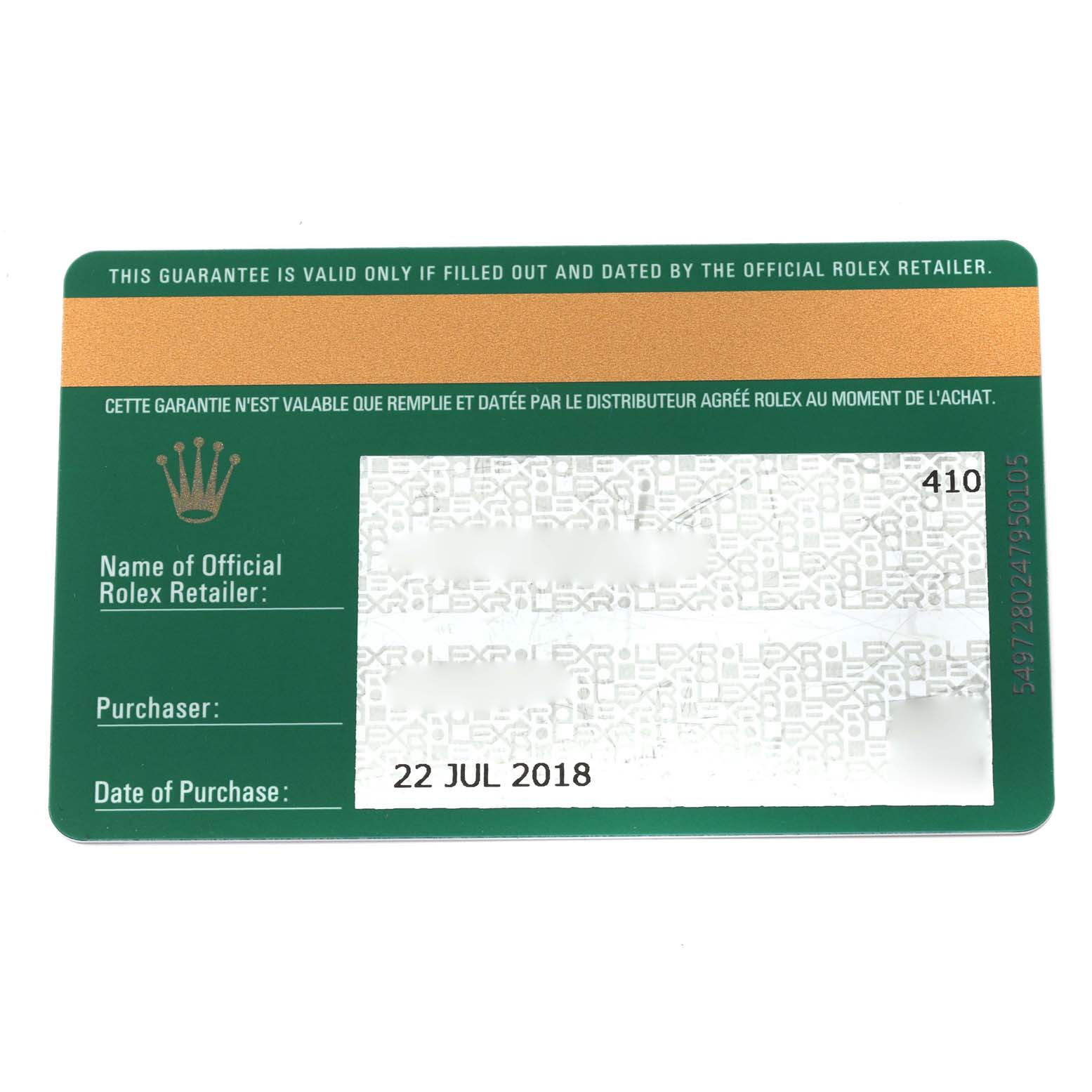 This is a top-down view of the guarantee card for the GMT-Master model by Rolex.