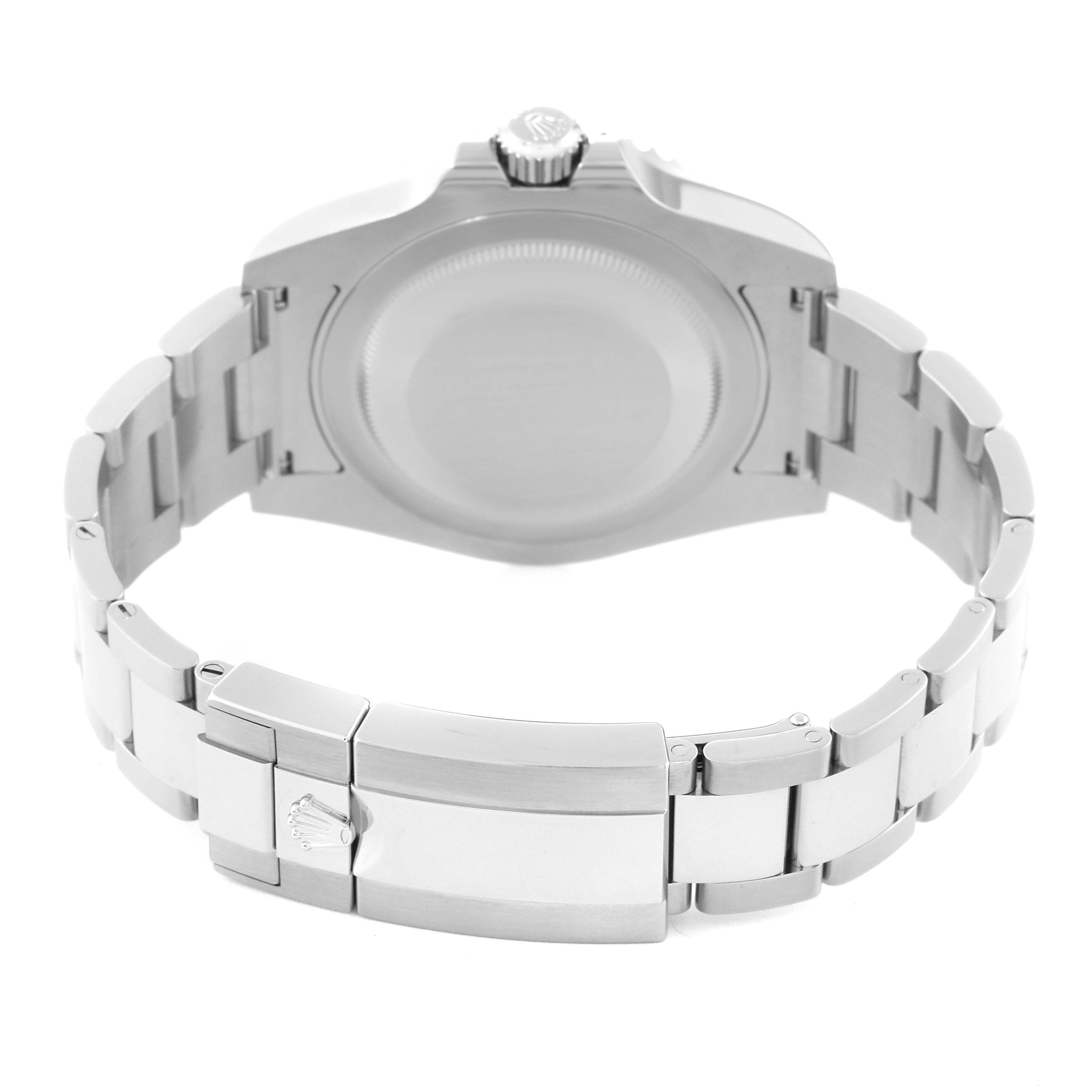 This image shows the back view of a Rolex GMT-Master 116710BLNR Men
s Stainless Steel Black Dial 116710BLNR Men
s Stainless Steel Black Dial watch, highlighting its clasp and case back.