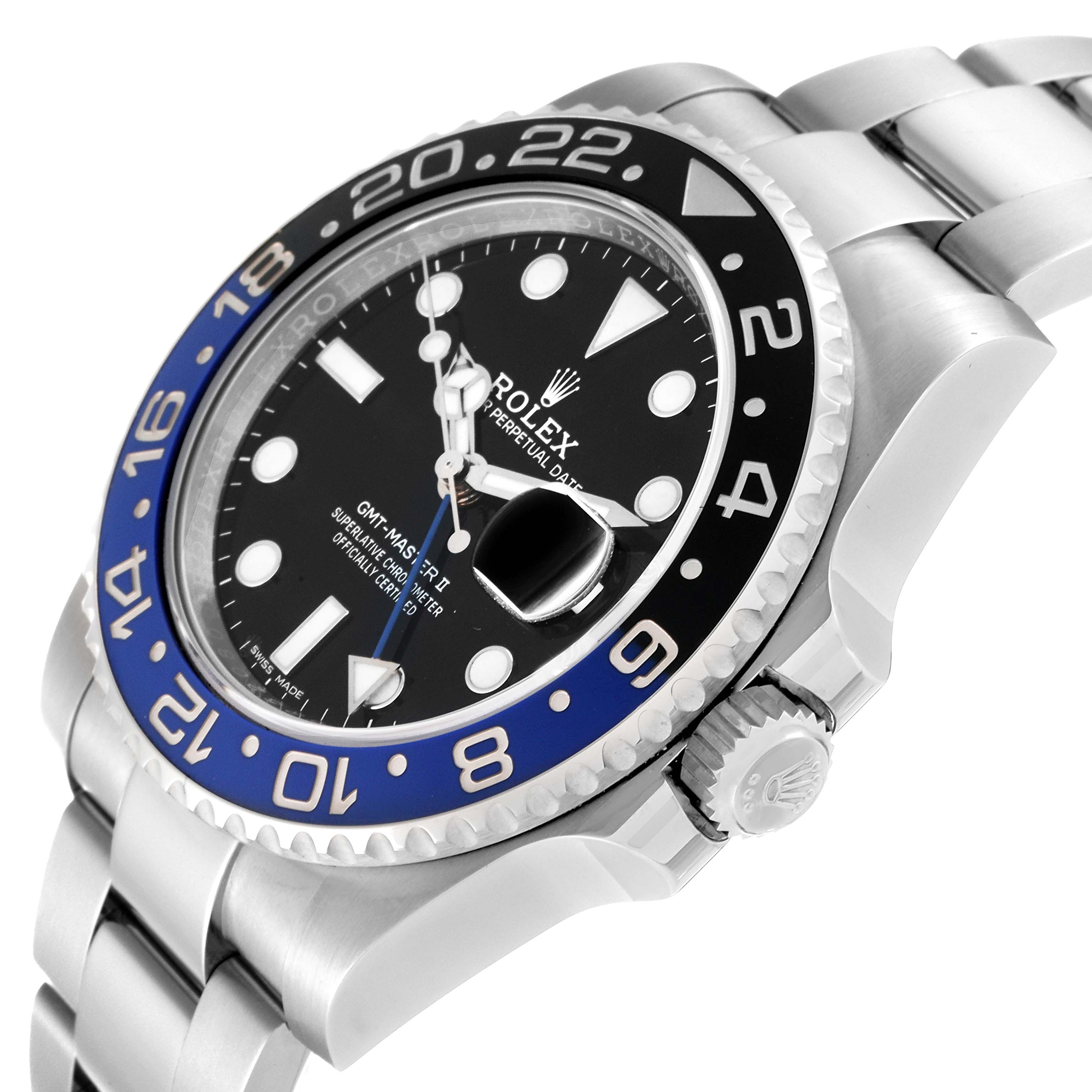 The image shows a side angle of the Rolex GMT-Master 116710BLNR Men
s Stainless Steel Black Dial 116710BLNR Men
s Stainless Steel Black Dial watch, highlighting the bezel, dial, crown, and a portion of the bracelet.