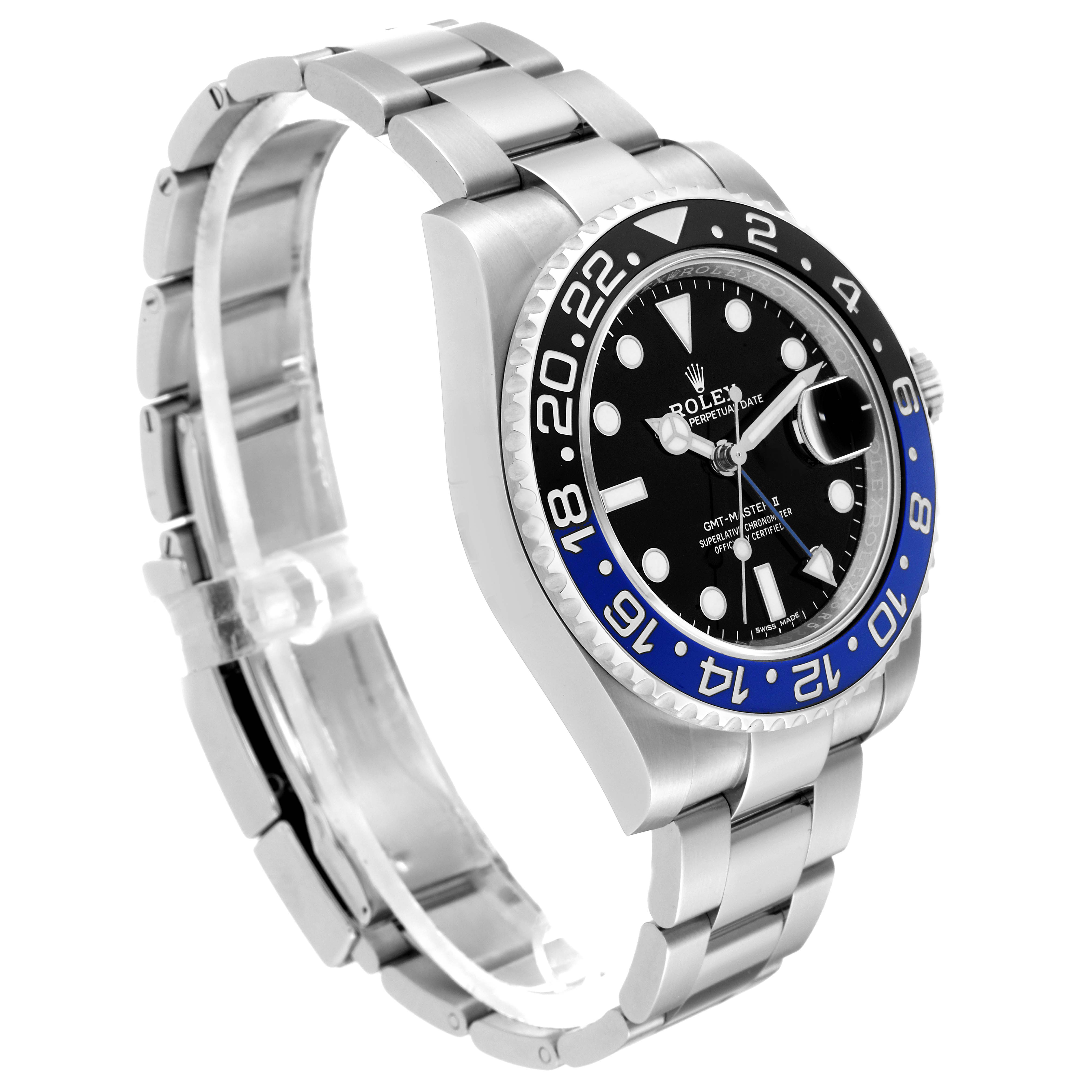 The Rolex GMT-Master 116710BLNR Men
s Stainless Steel Black Dial 116710BLNR Men
s Stainless Steel Black Dial watch is shown from a side angle, displaying its bezel, dial, case, and bracelet.