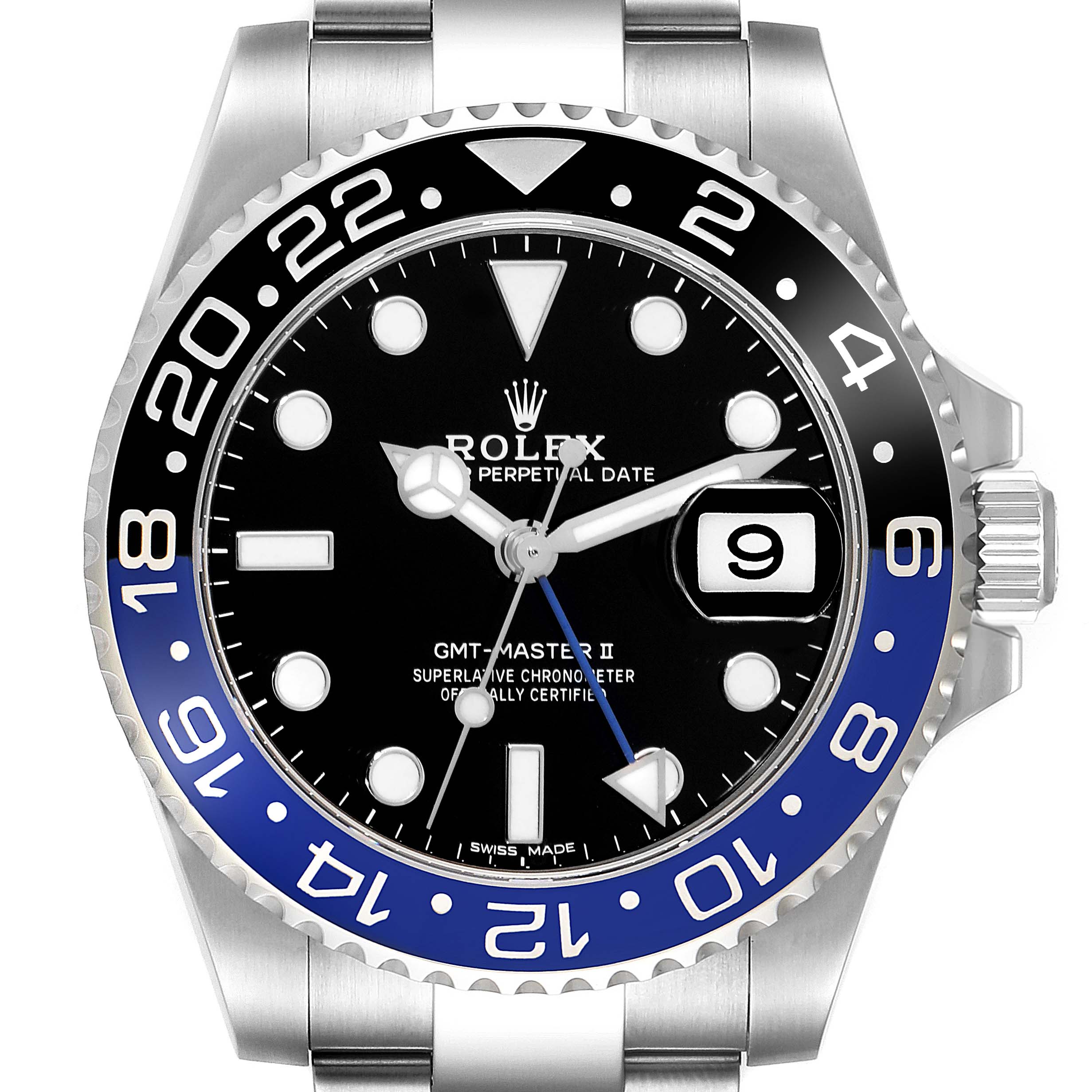 The image shows a front view of the Rolex GMT-Master 116710BLNR Men
s Stainless Steel Black Dial 116710BLNR Men
s Stainless Steel Black Dial II watch, featuring its bezel, dial, and bracelet.