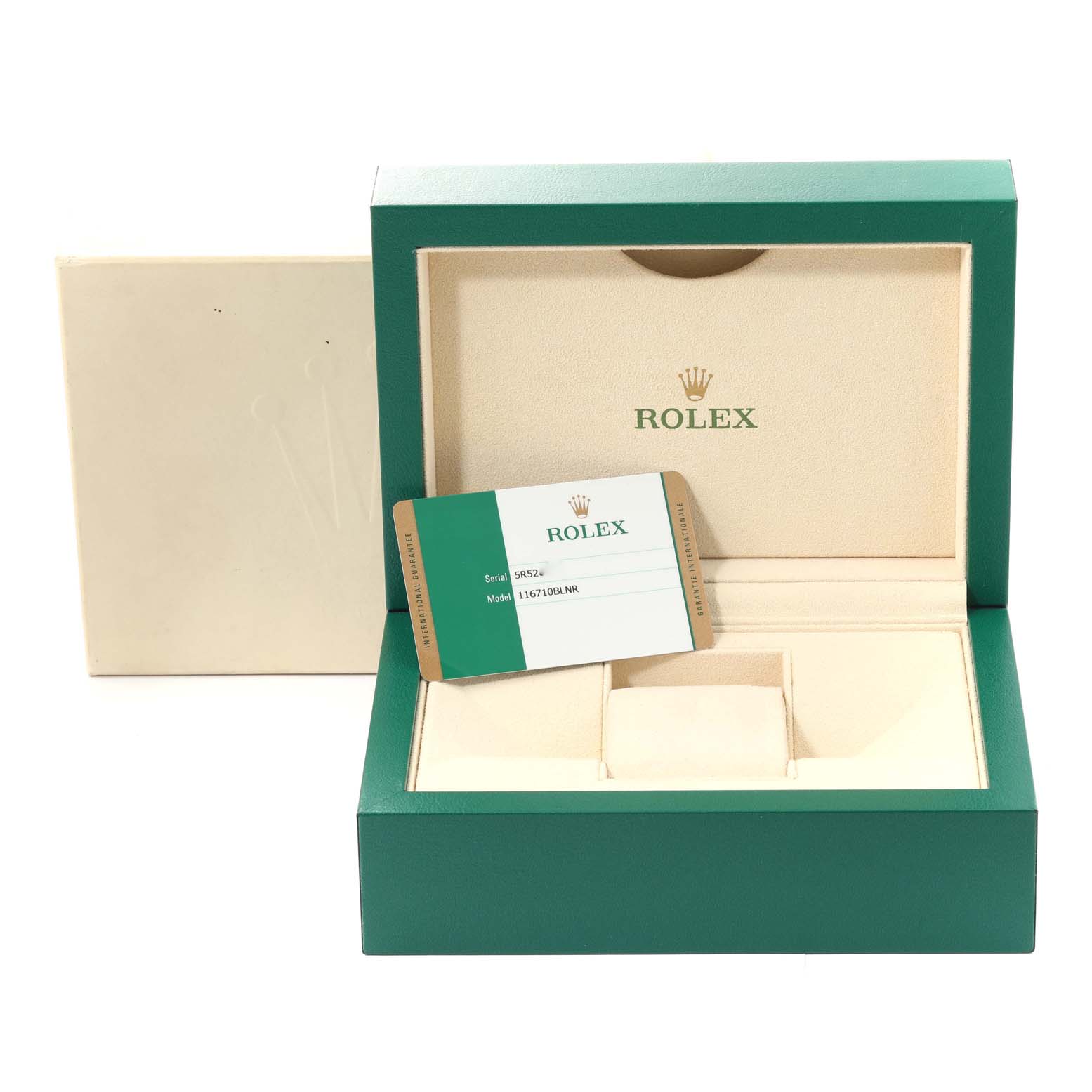 This image shows an open Rolex watch box for the GMT-Master model, displaying a warranty card and cushion without the watch.