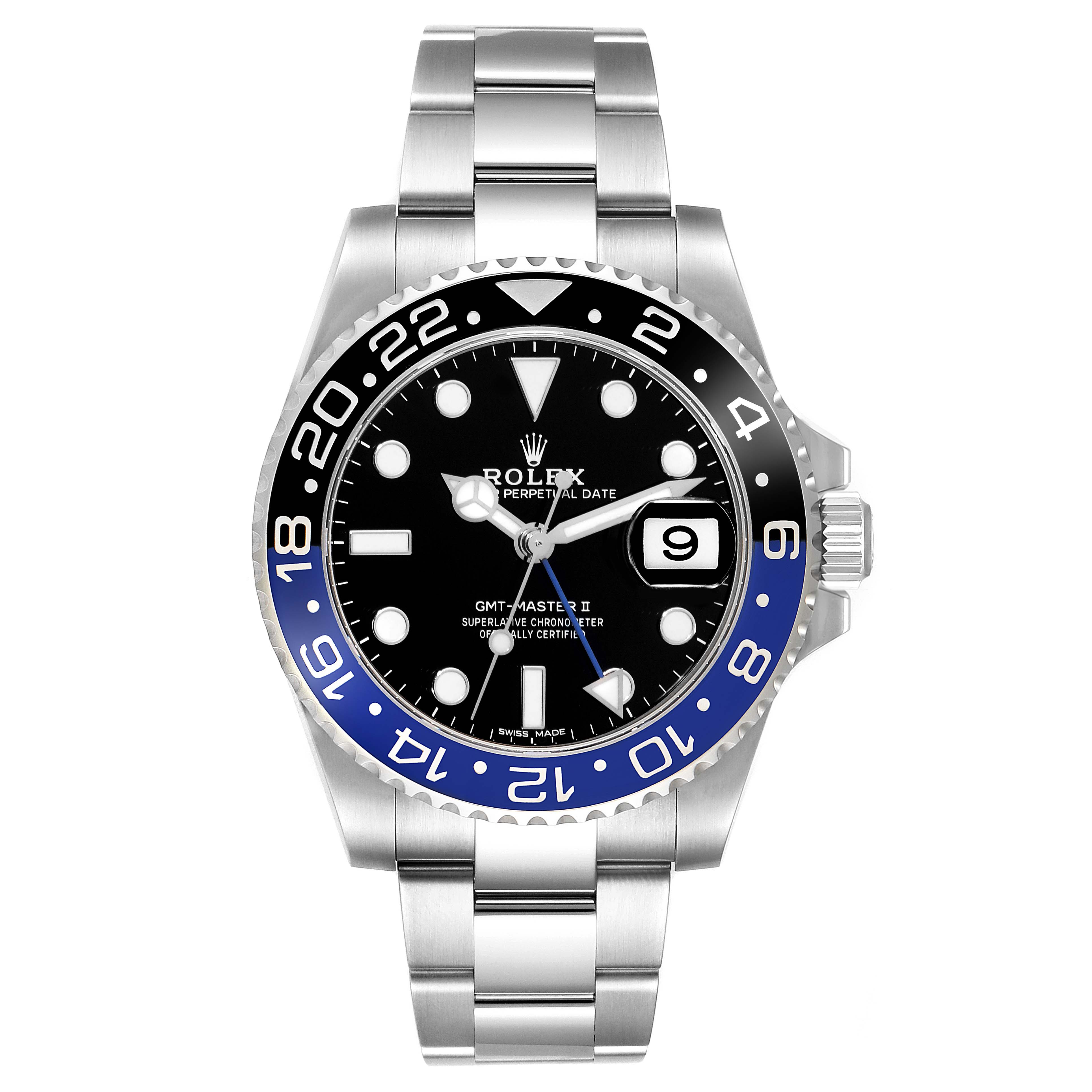 The image shows a front view of the Rolex GMT-Master 116710BLNR Men
s Stainless Steel Black Dial 116710BLNR Men
s Stainless Steel Black Dial II watch, displaying the face, bezel, crown, and bracelet.