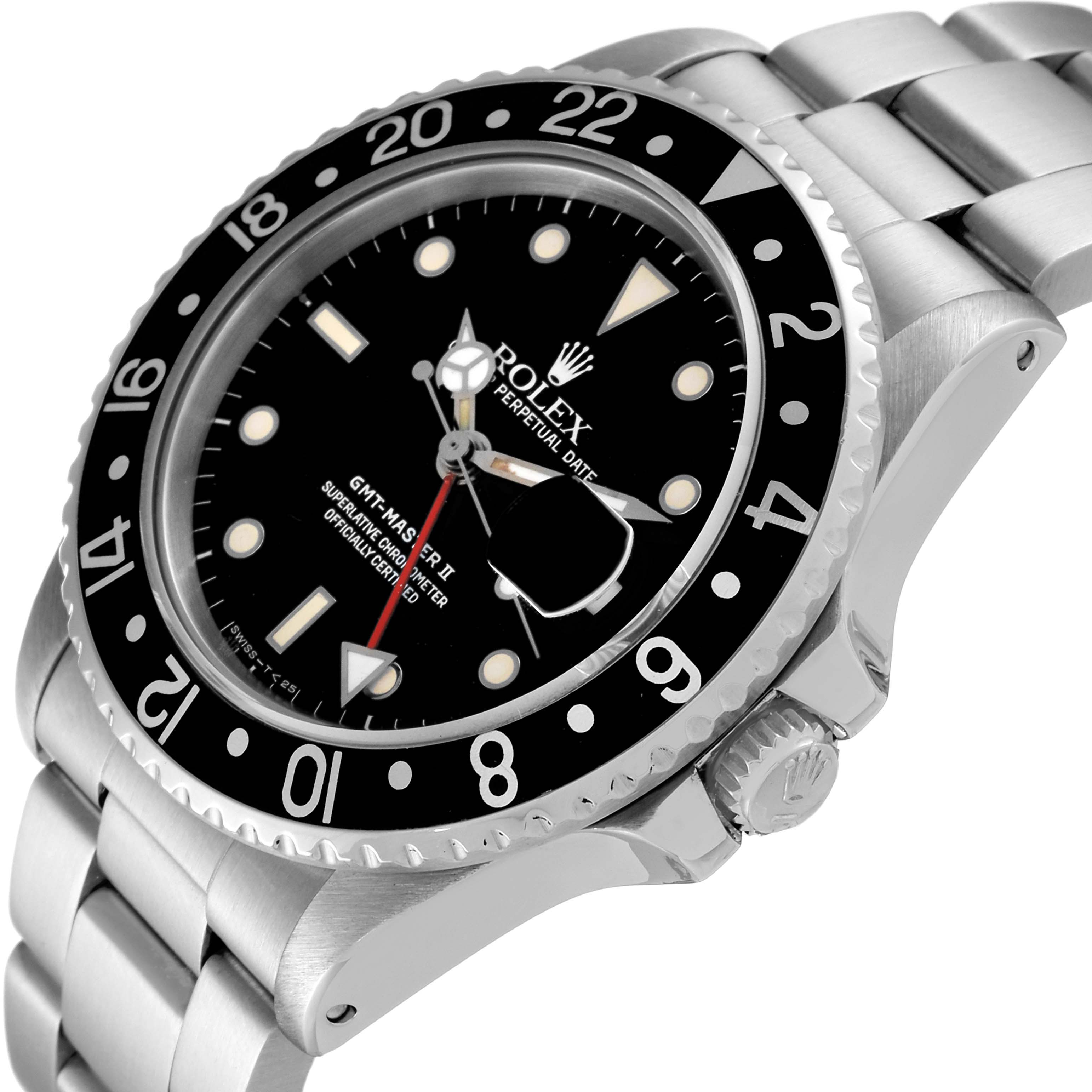 The Rolex Vintage Collection 16760 Men's Stainless Steel Black Dial 16760 Men's Stainless Steel Black Dial GMT-Master II watch shown at an angled side view highlights its bezel, dial, and bracelet.