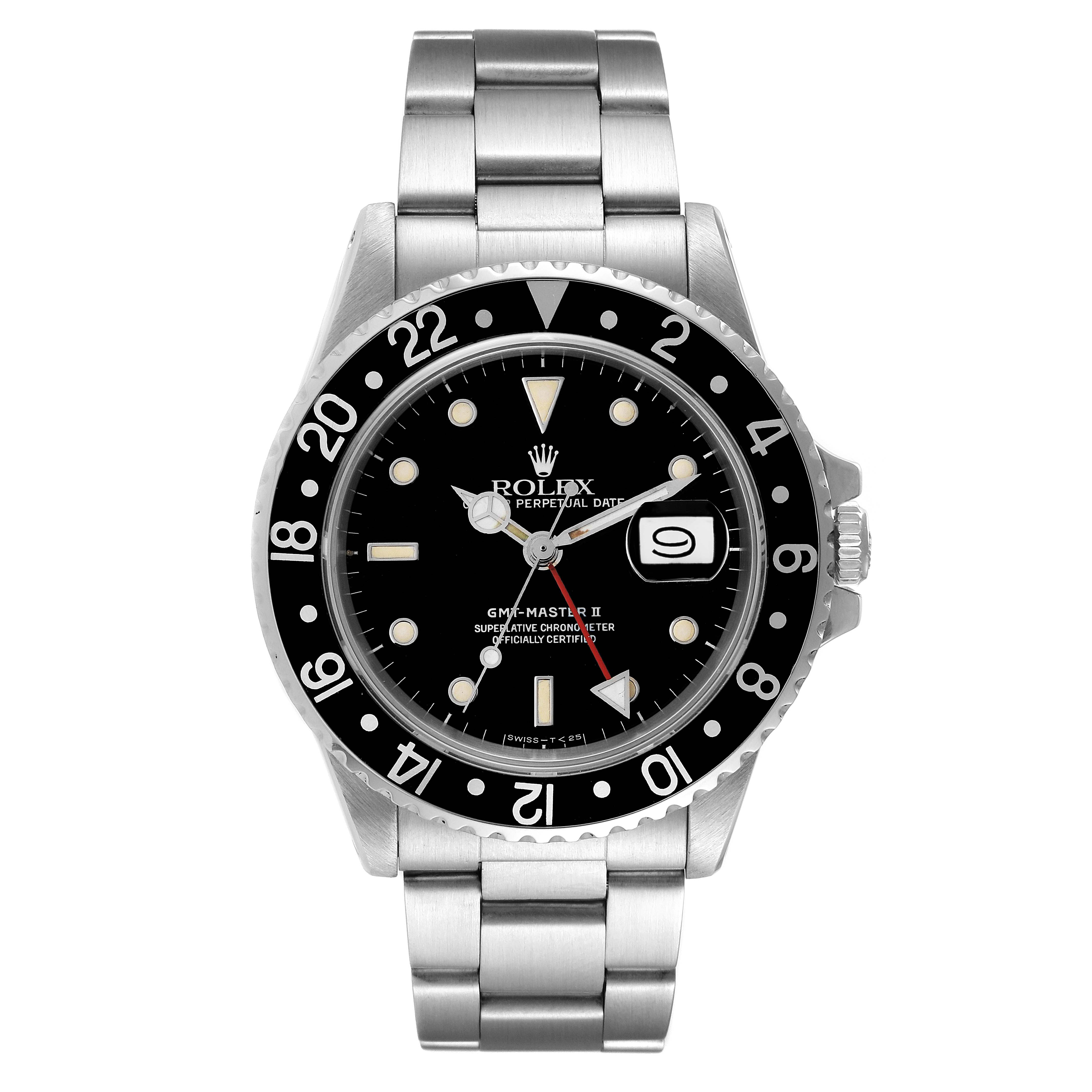 This is a frontal view of the Rolex Vintage Collection 16760 Men's Stainless Steel Black Dial 16760 Men's Stainless Steel Black Dial model GMT-Master II watch, showcasing its face, bezel, crown, and metal bracelet.
