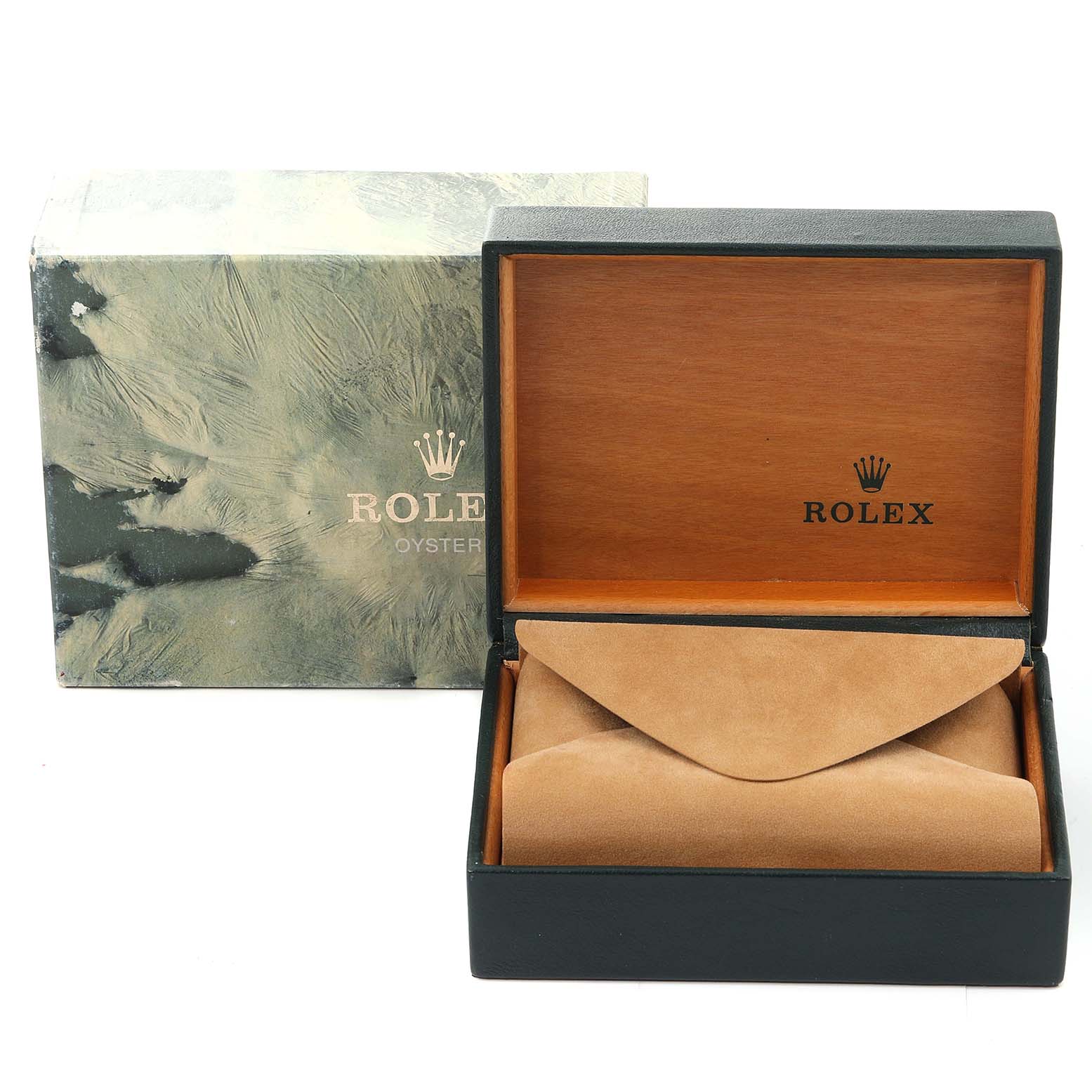The image shows a Rolex Vintage Collection 16760 Men's Stainless Steel Black Dial 16760 Men's Stainless Steel Black Dial watch box, including an outer marble-patterned box and an inner wooden lined box with a suede pouch.