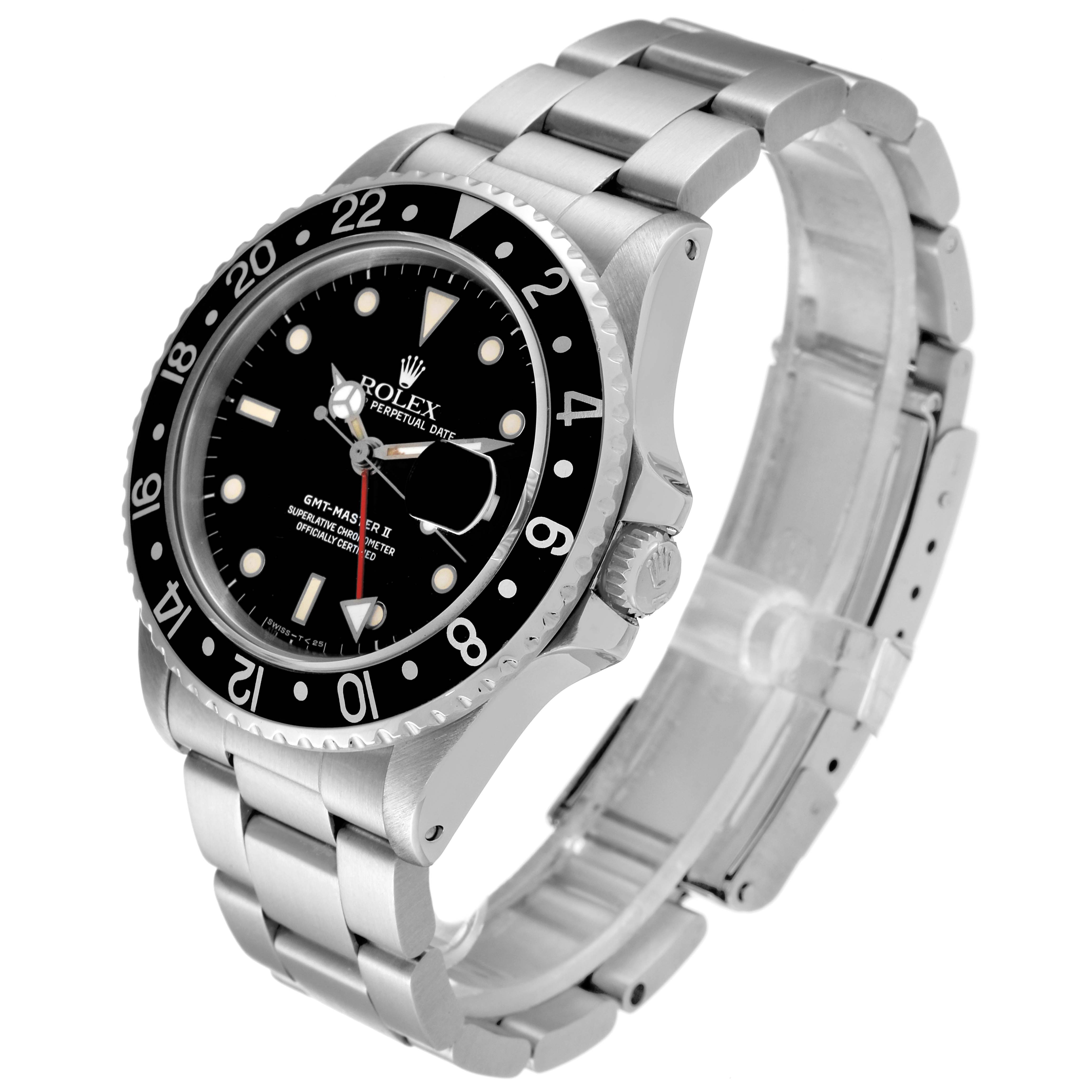 This is a side-angle view of a Rolex Vintage Collection 16760 Men's Stainless Steel Black Dial 16760 Men's Stainless Steel Black Dial watch, showcasing the bezel, dial, crown, and bracelet.