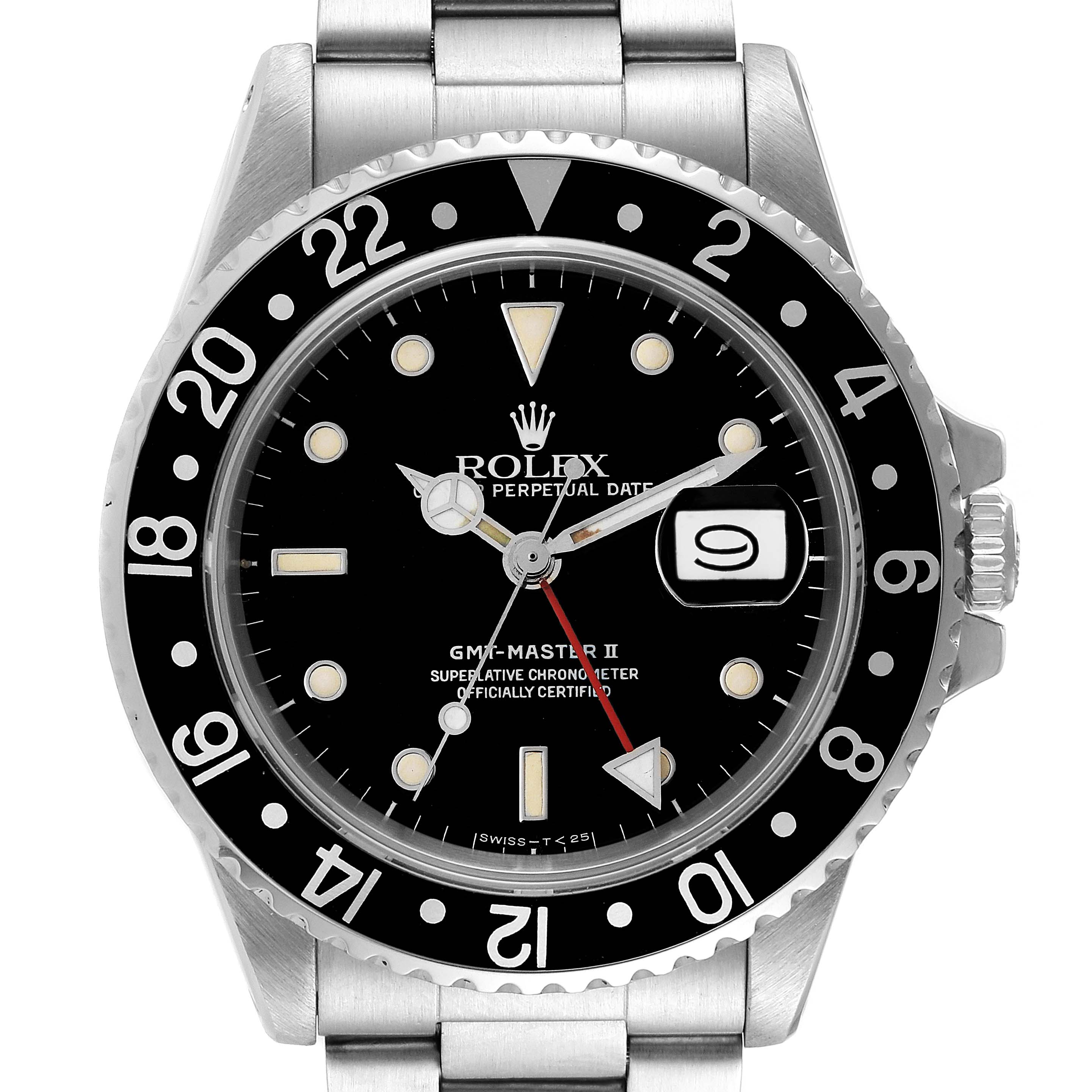 This image shows a front view of the Rolex Vintage Collection 16760 Men's Stainless Steel Black Dial 16760 Men's Stainless Steel Black Dial GMT-Master II watch, highlighting the dial, bezel, and bracelet.
