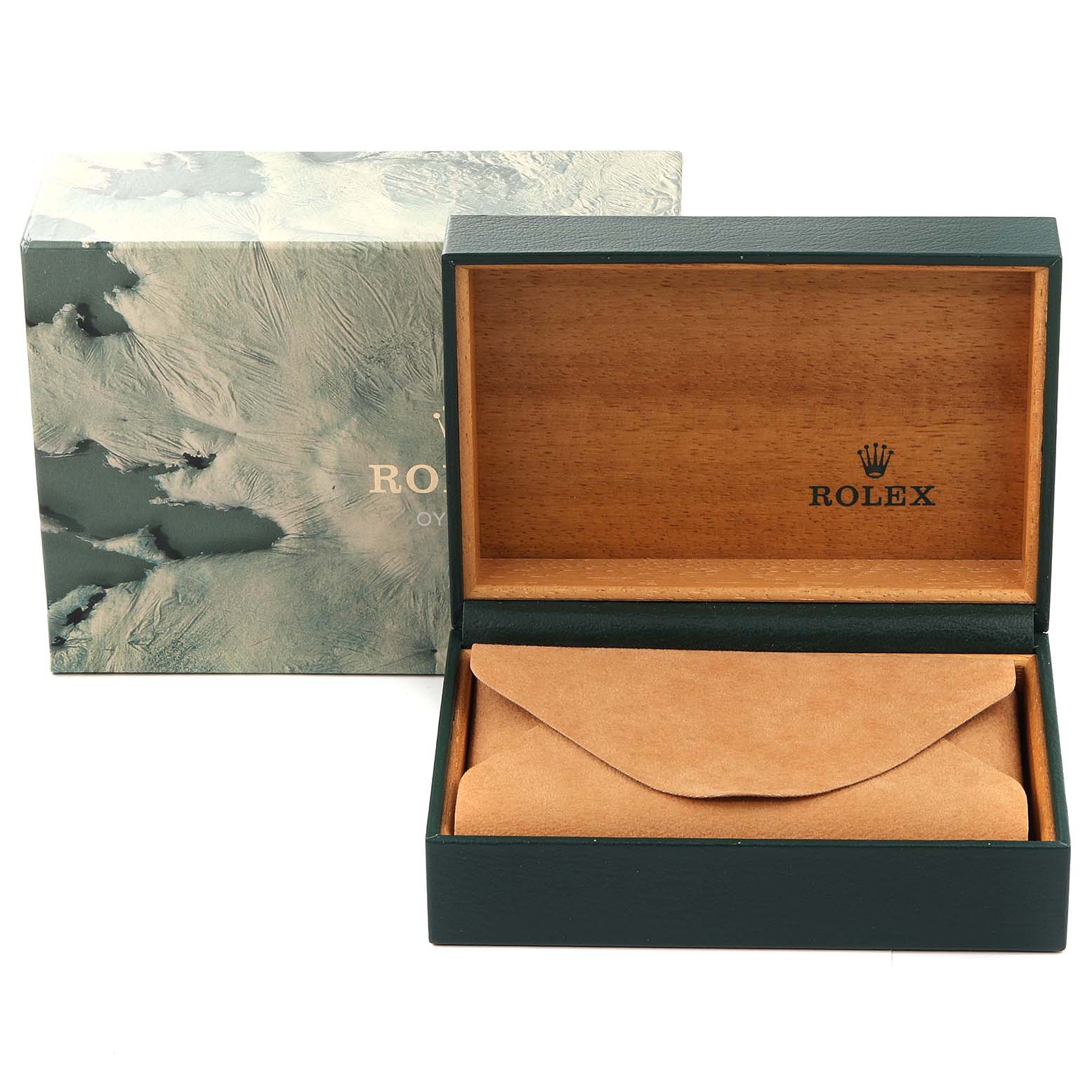 This image shows an open Rolex GMT-Master 16713 Men's Steel and Gold (two tone) Black Dial 16713 Men's Steel and Gold (two tone) Black Dial watch box with a suede pouch inside, alongside its outer greenish cover.