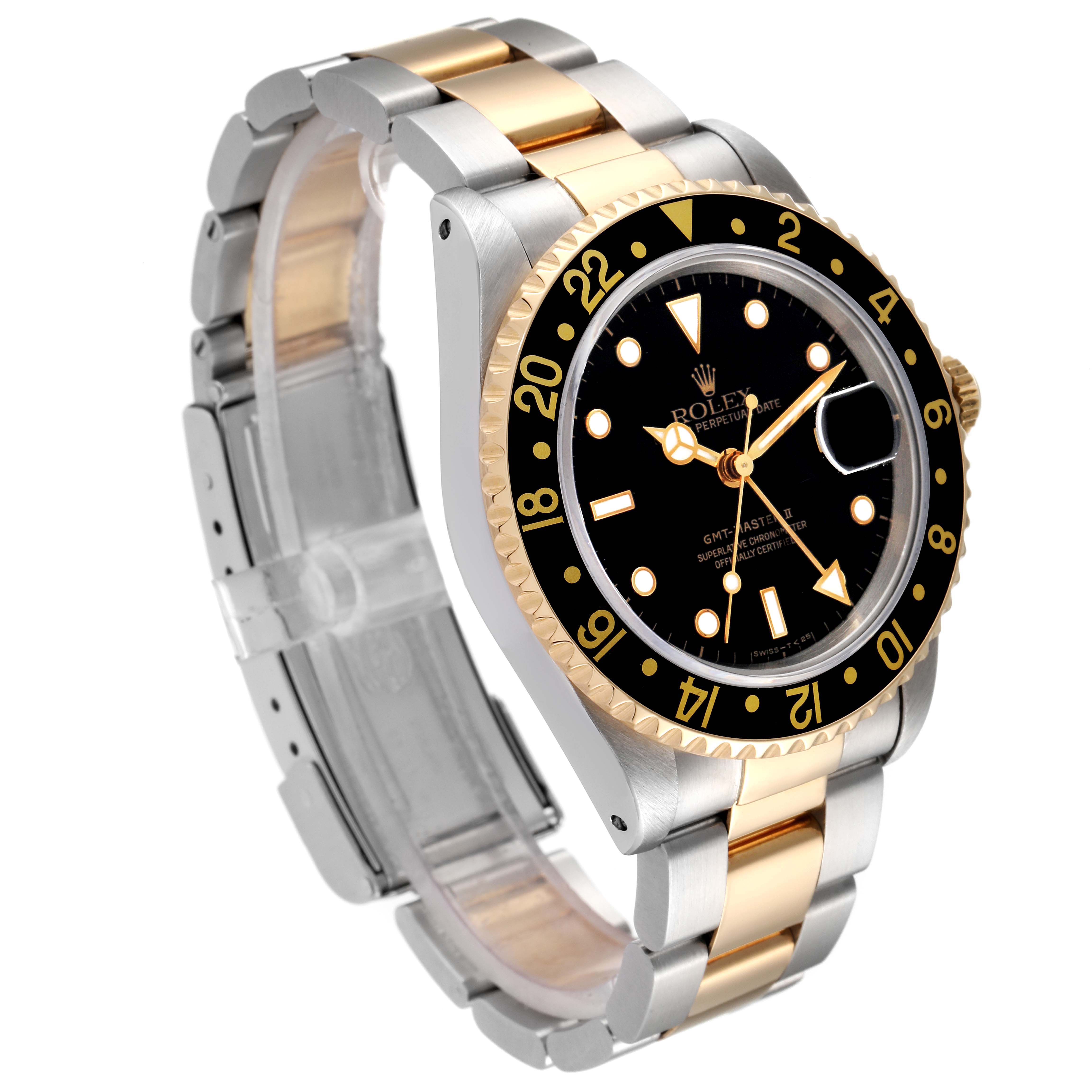 This Rolex GMT-Master 16713 Men's Steel and Gold (two tone) Black Dial 16713 Men's Steel and Gold (two tone) Black Dial watch is shown at an angled side view, highlighting its bracelet, bezel, and dial.
