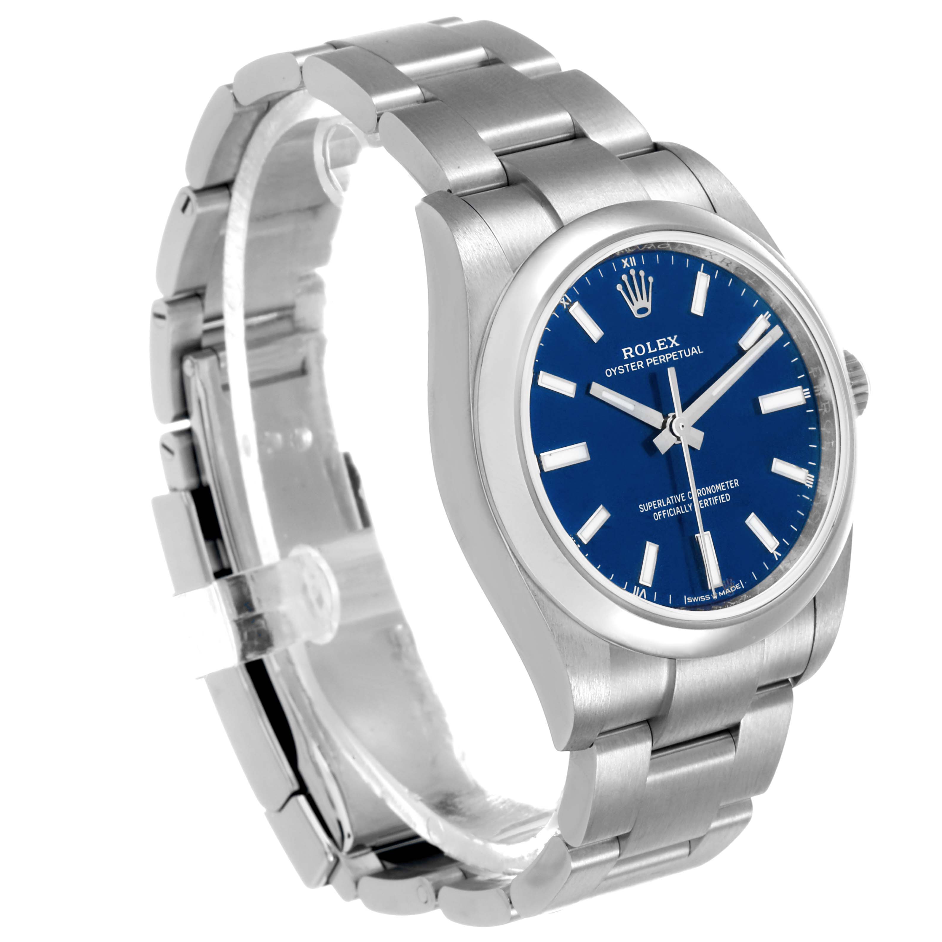 The Rolex Oyster Perpetual 124200 Men's Stainless Steel Blue Dial watch is shown at a three-quarter angle, highlighting the bracelet, case, and dial.