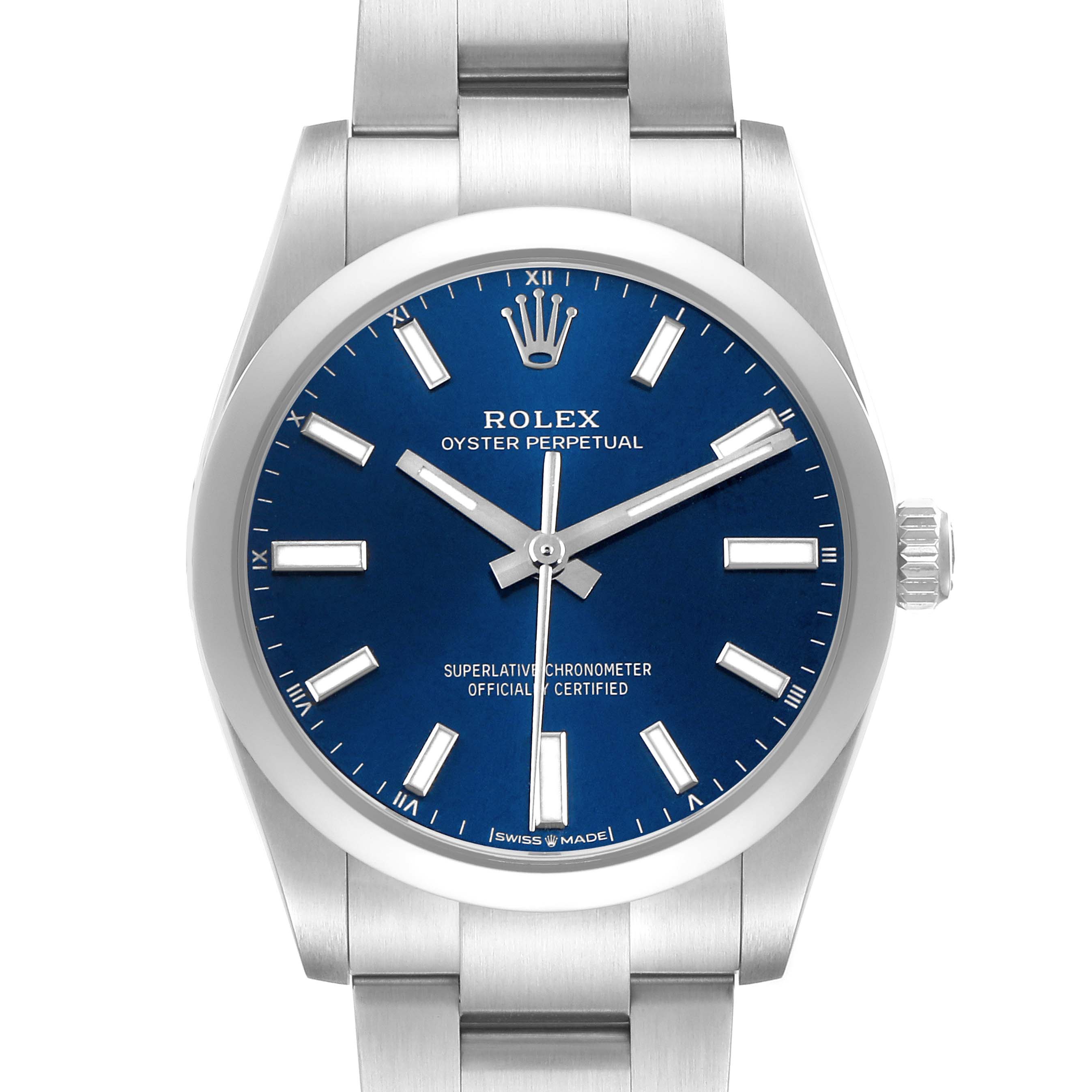 The Rolex Oyster Perpetual 124200 Men's Stainless Steel Blue Dial watch is shown from a front angle, displaying the blue dial, hour markers, hands, and crown.