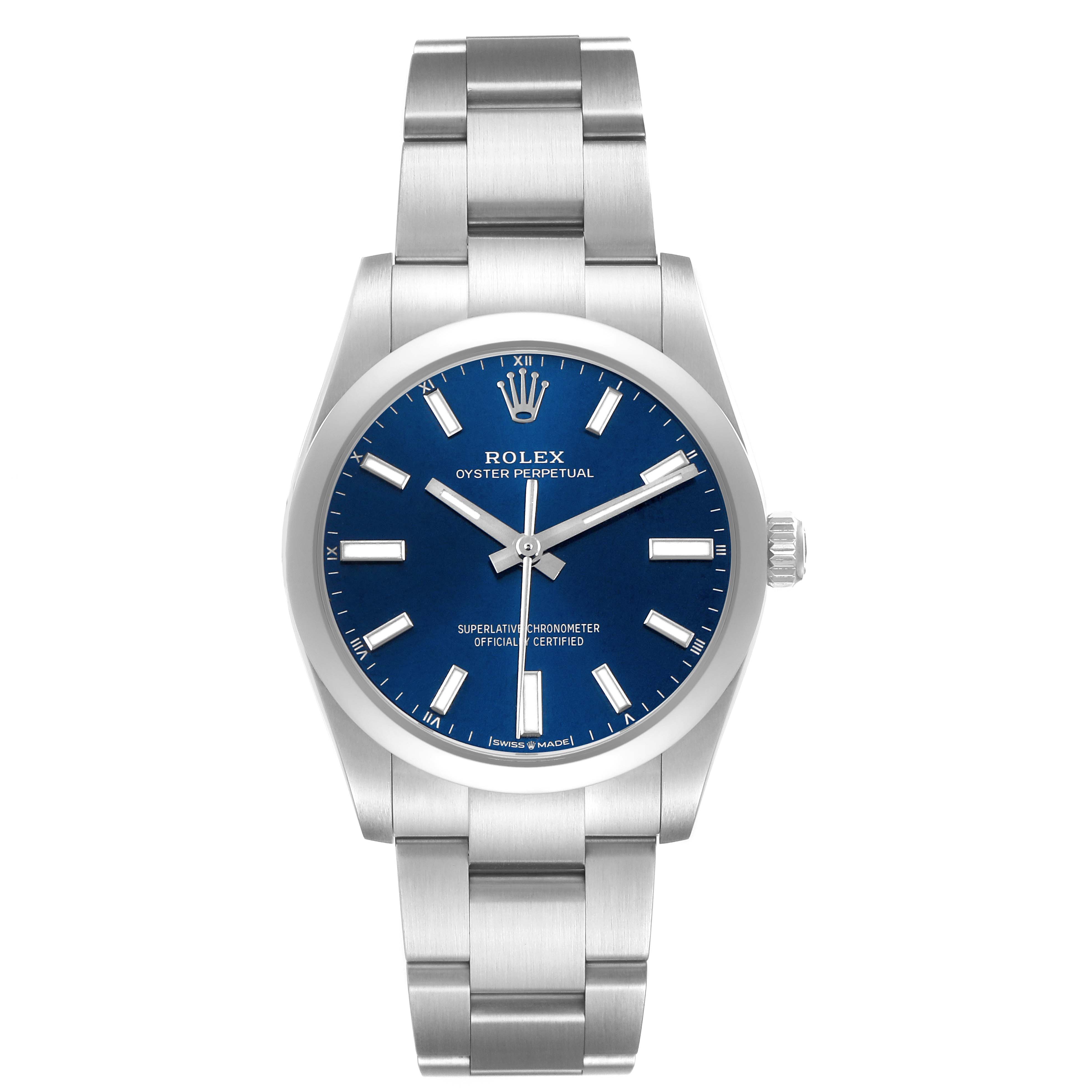 The Rolex Oyster Perpetual 124200 Men's Stainless Steel Blue Dial watch is shown from the front, featuring its blue dial and silver bracelet.