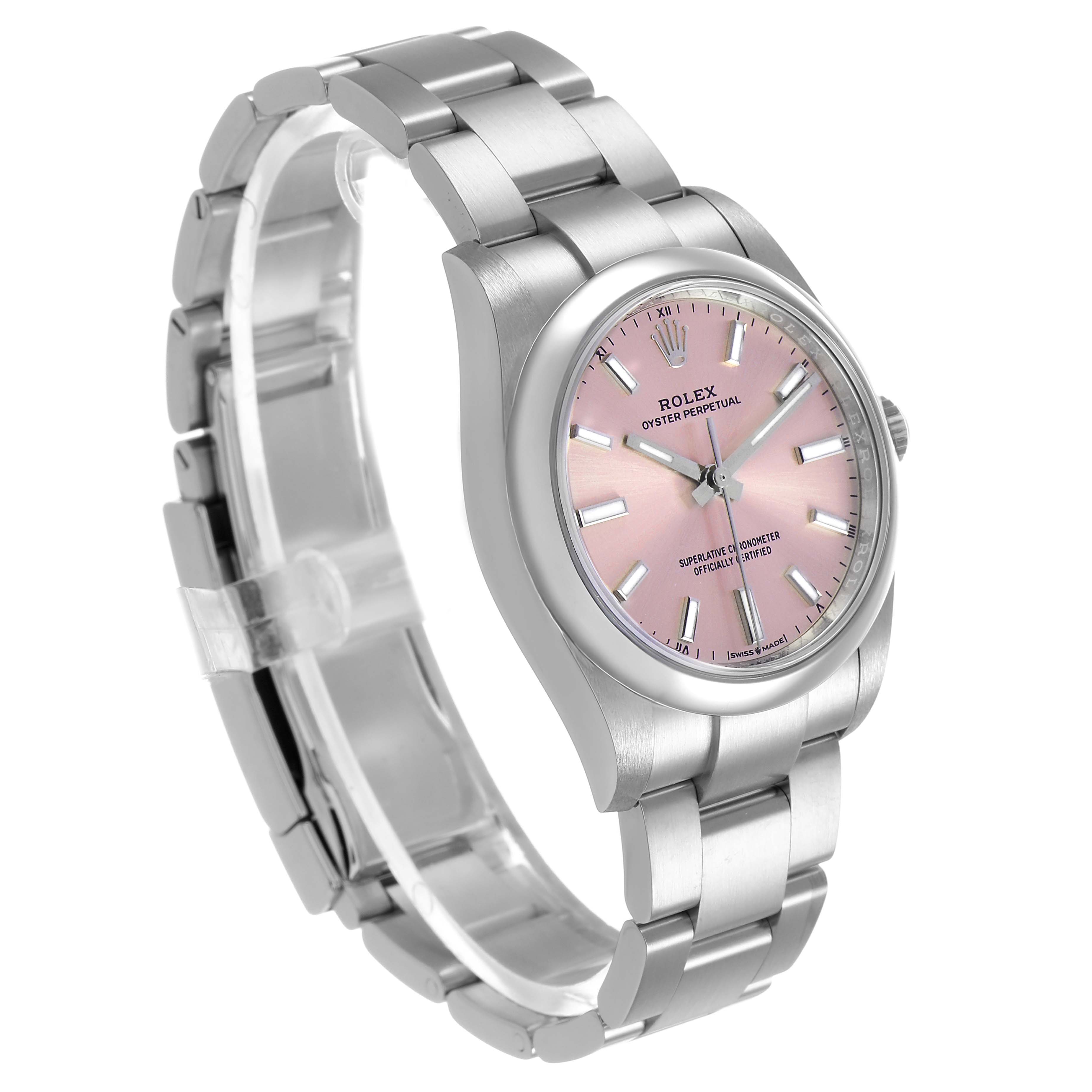 The Rolex Oyster Perpetual 124200 Women's Stainless Steel Pink Dial watch is shown from a three-quarter angle, displaying the pink dial, bezel, and stainless steel bracelet.