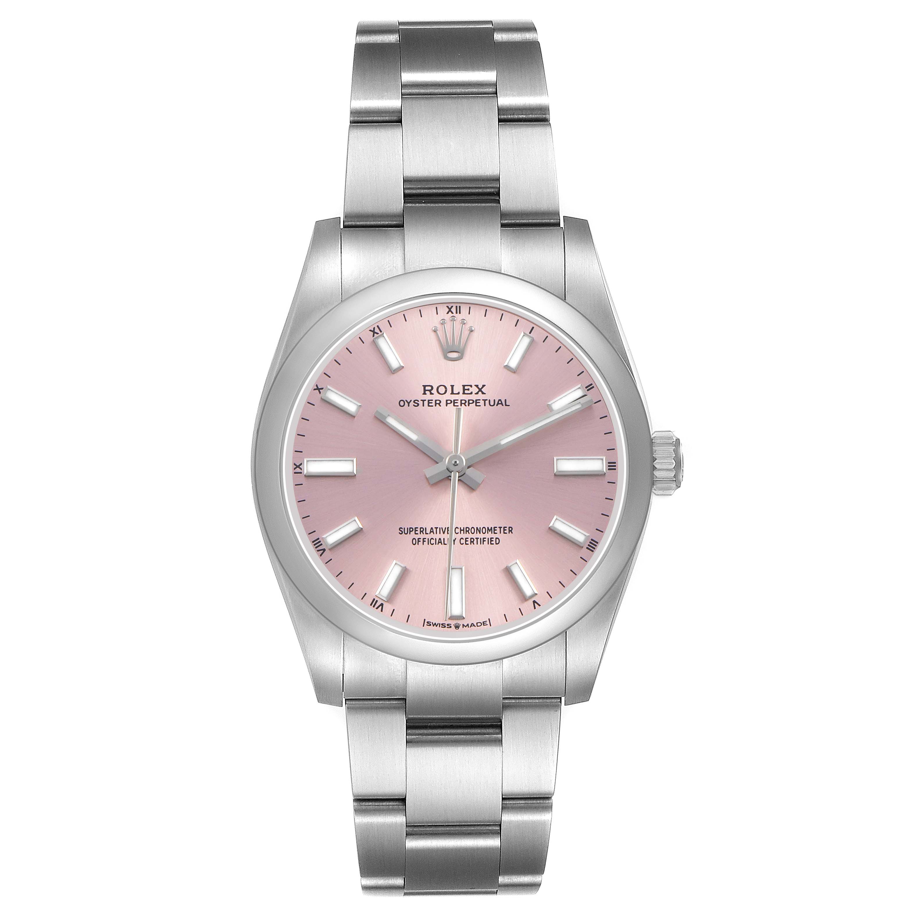 The Rolex Oyster Perpetual 124200 Women's Stainless Steel Pink Dial watch is shown from a front angle, displaying its pink dial, markers, hands, case, and bracelet.