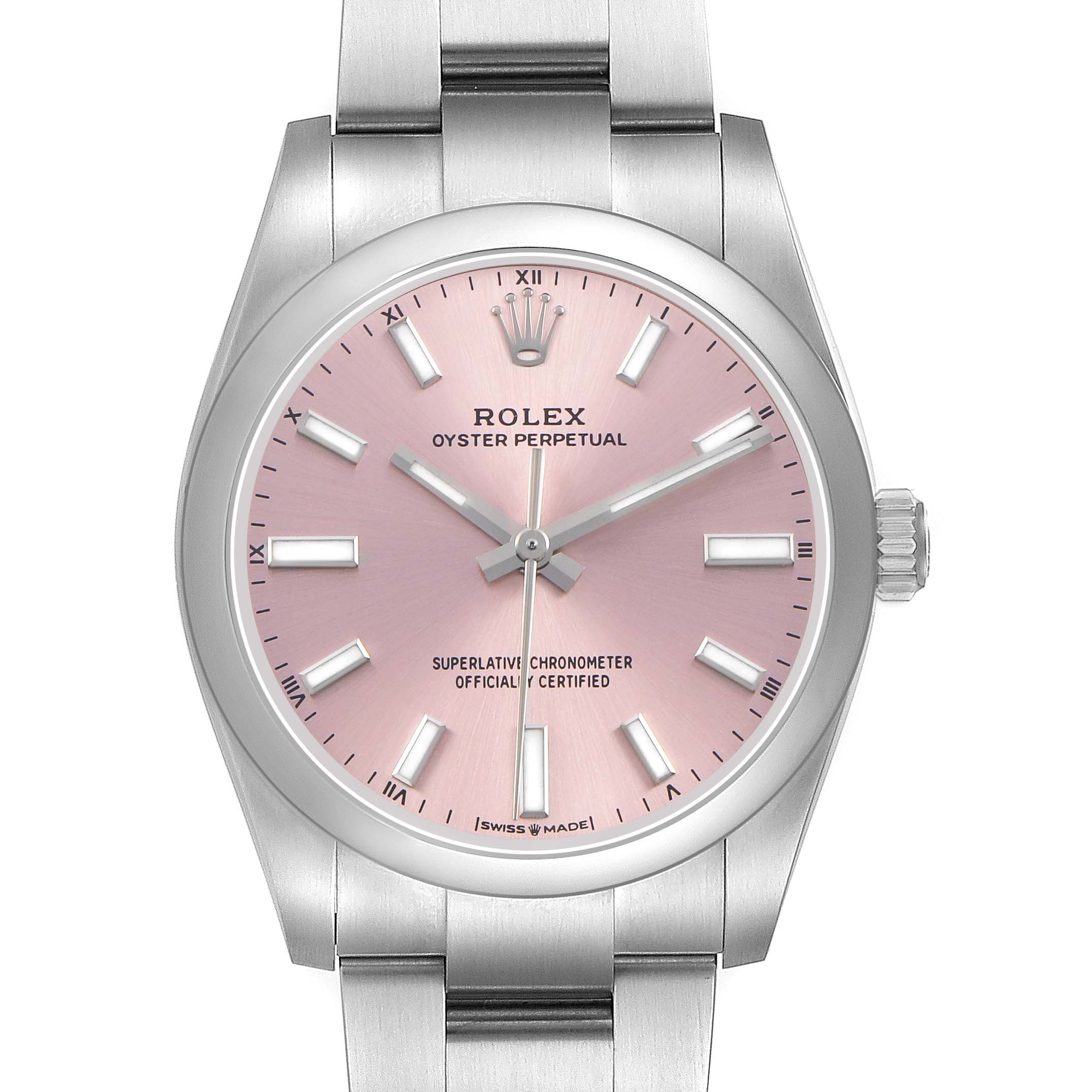 The Rolex Oyster Perpetual 124200 Women's Stainless Steel Pink Dial watch is shown from a front angle, highlighting the pink dial, hour markers, and bracelet detail.