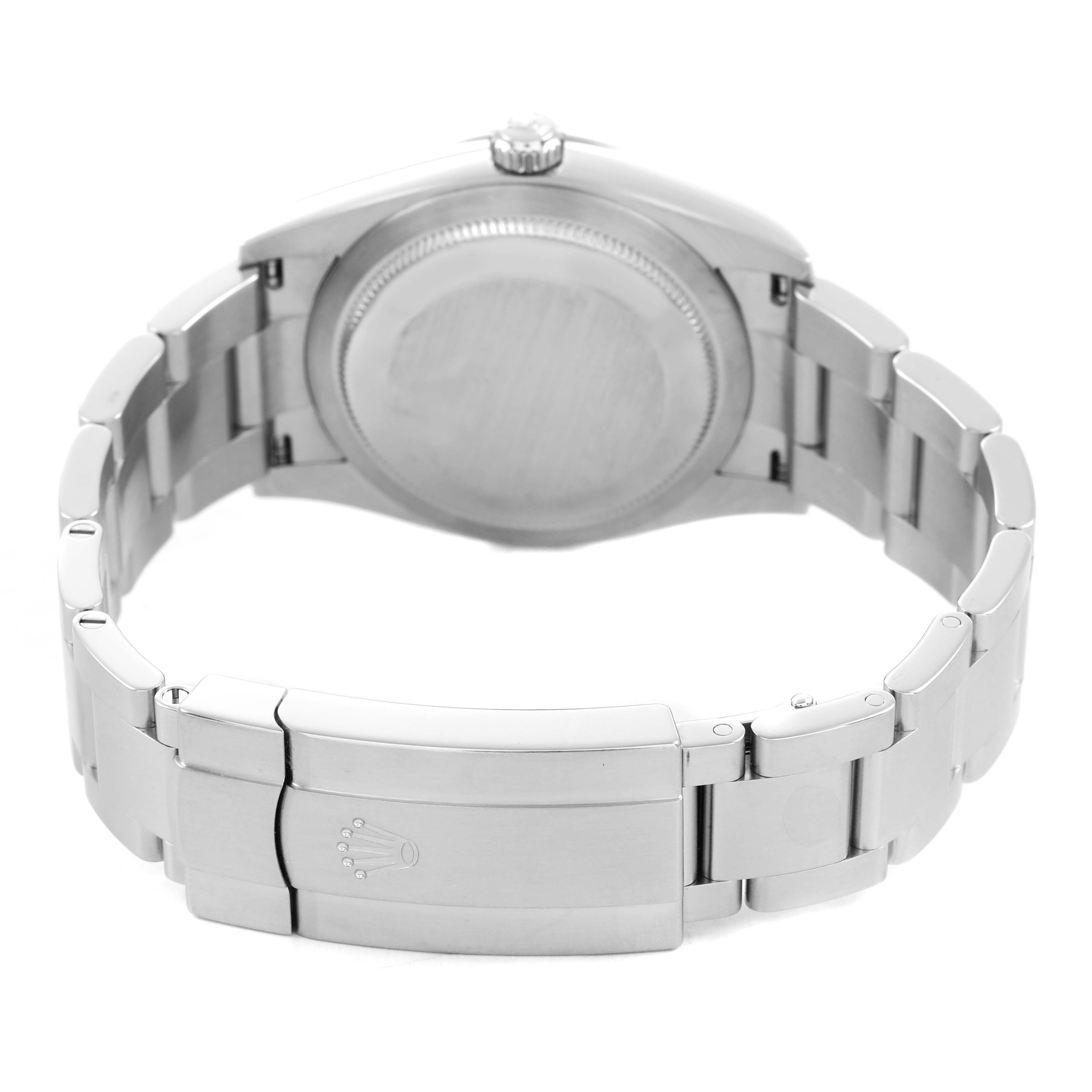 The image shows the back view of a Rolex Oyster Perpetual 124200 Women's Stainless Steel Pink Dial watch, highlighting the case back and clasp of the bracelet.