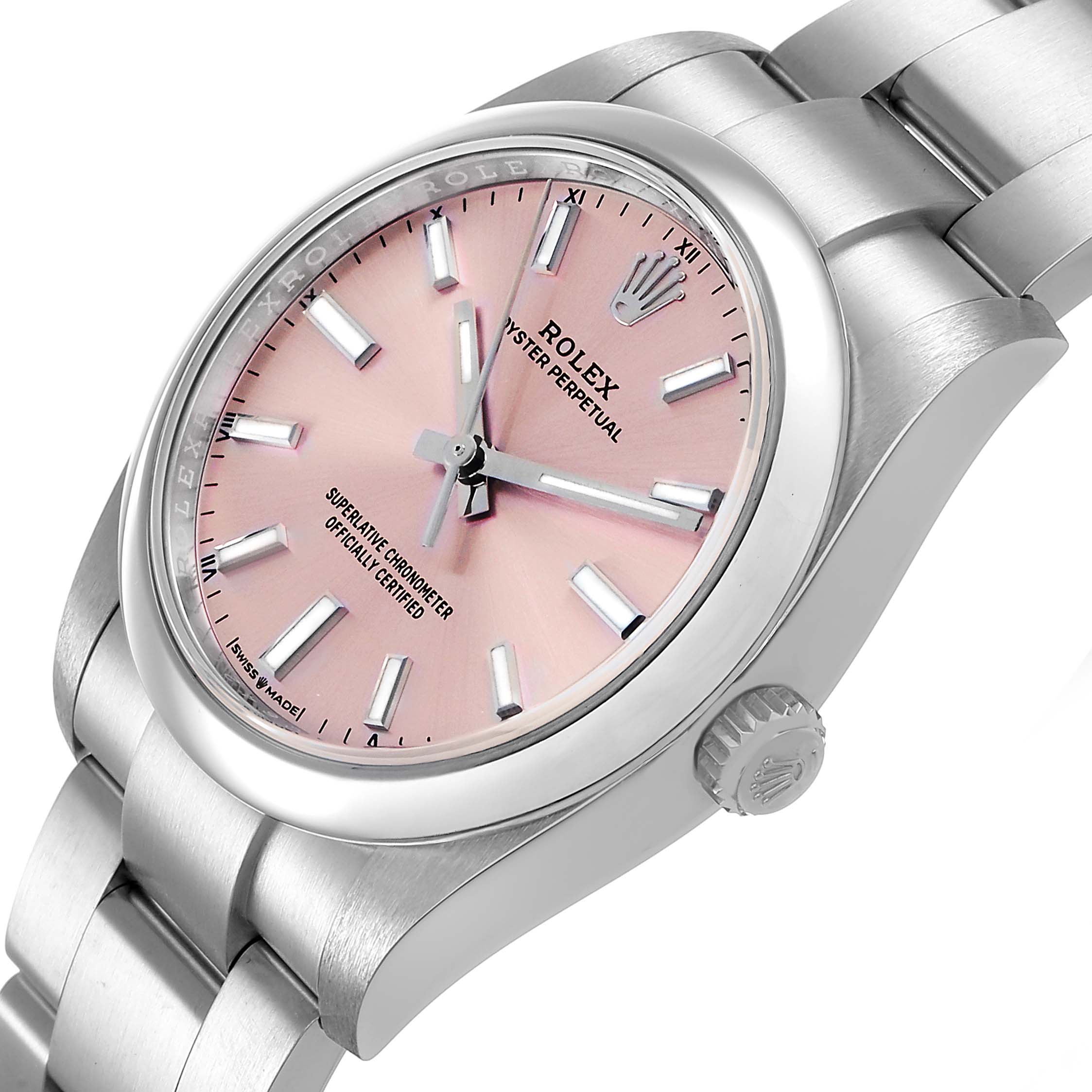 The Rolex Oyster Perpetual 124200 Women's Stainless Steel Pink Dial watch is shown at a slight angle, displaying the pink dial, bezel, case, and bracelet.