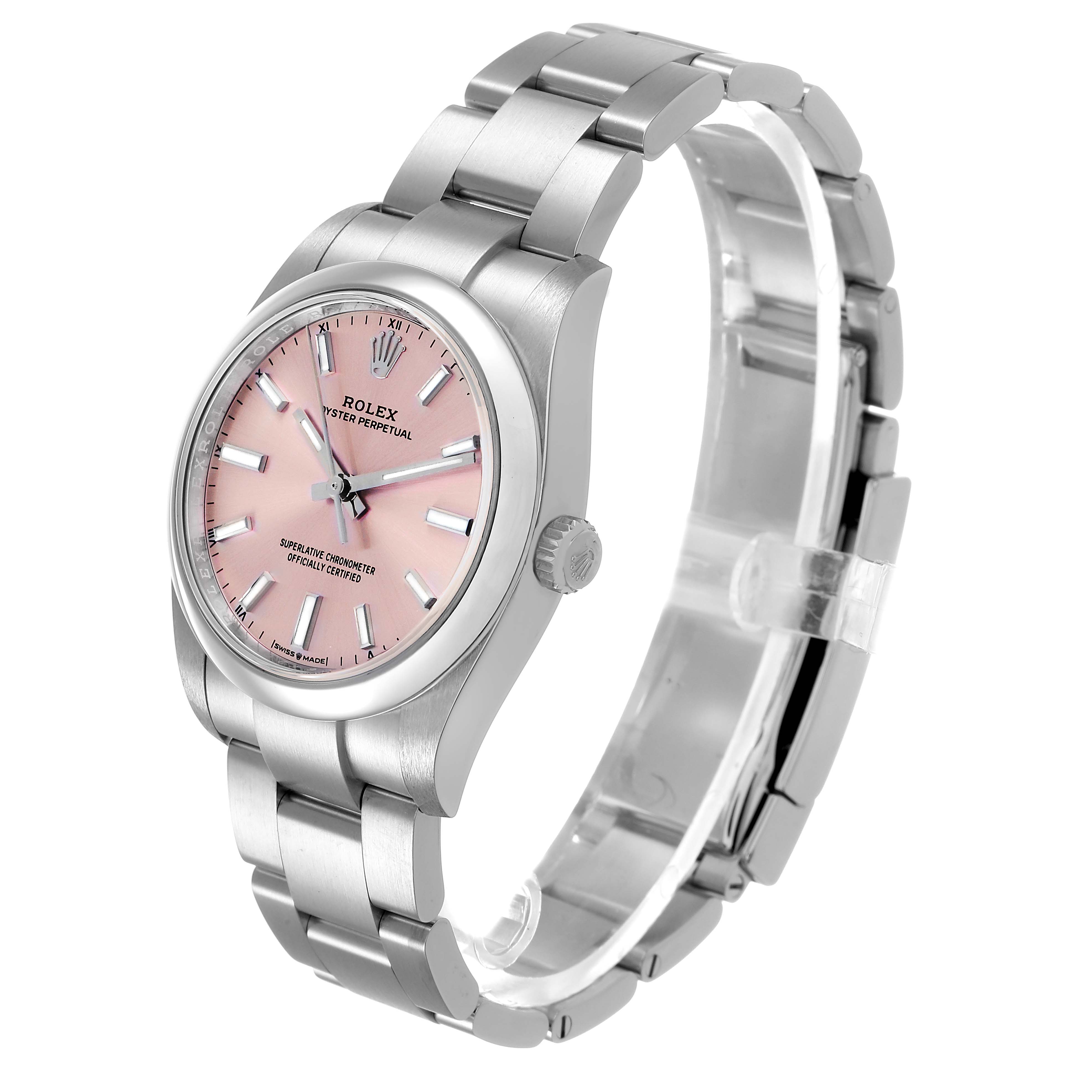 The Rolex Oyster Perpetual 124200 Women's Stainless Steel Pink Dial watch is shown at a slight angle, highlighting the pink dial, case, and bracelet.