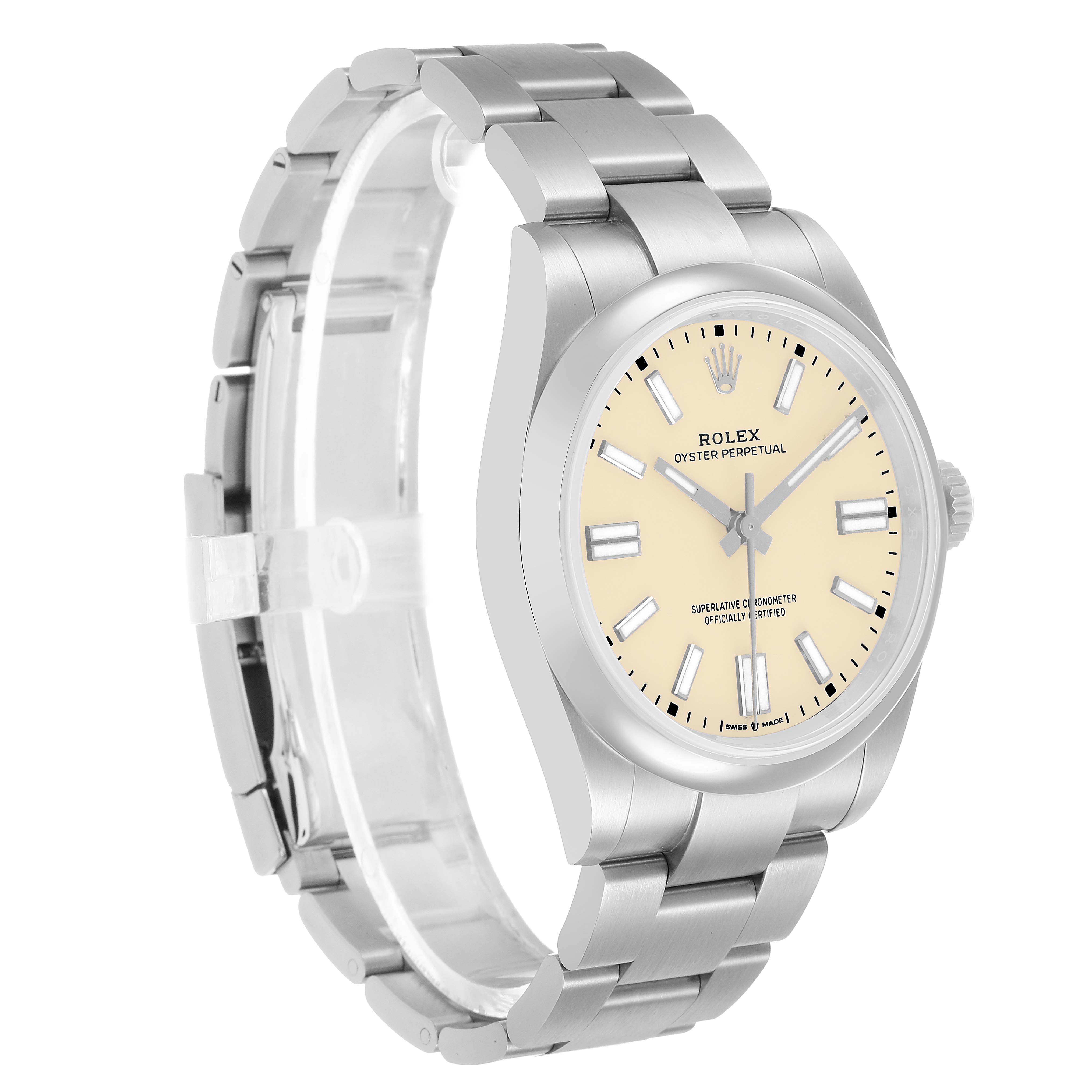 The Rolex Oyster Perpetual 134300 Men's Stainless Steel Beige Dial watch is shown at a three-quarter angle, displaying the face, bezel, and bracelet.