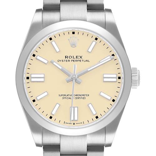 The Rolex Oyster Perpetual 134300 Men's Stainless Steel Beige Dial watch is shown from a front angle, displaying the dial, hands, and bracelet.