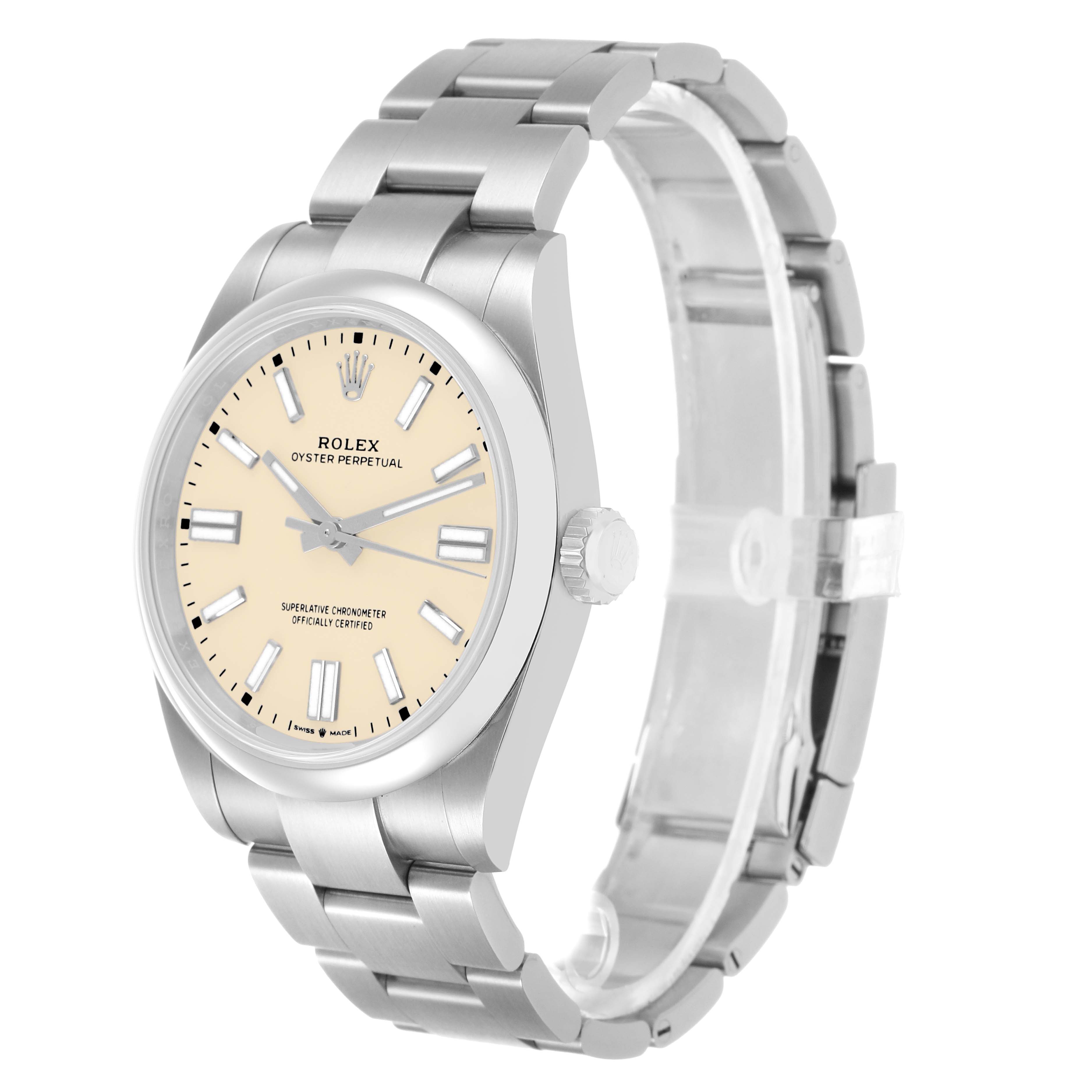 The Rolex Oyster Perpetual 134300 Men's Stainless Steel Beige Dial watch is shown at a three-quarter angle highlighting the face and bracelet.